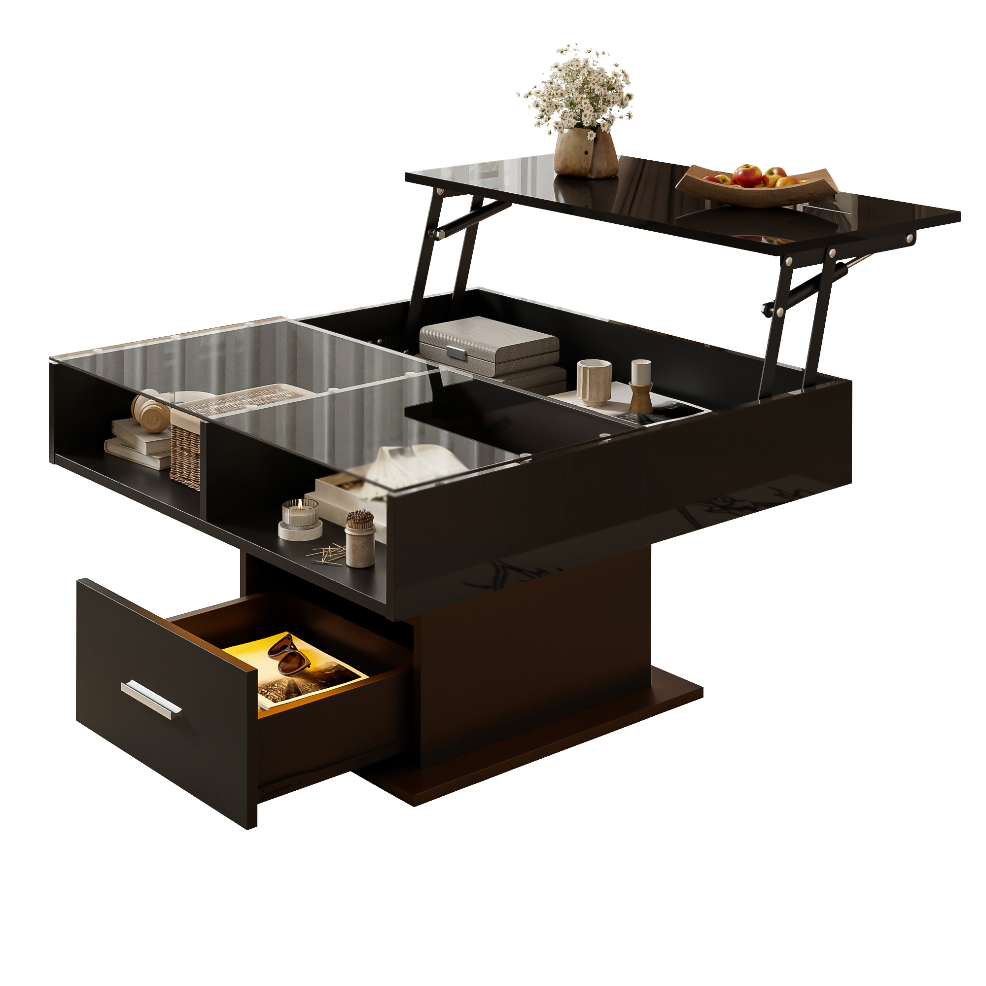 Multifunctional High-gloss Lift Coffee Table With LED Lighting, Adjustable Height & Flexible Storage Space  Modern Design For Living Room, Office & Small Apartments