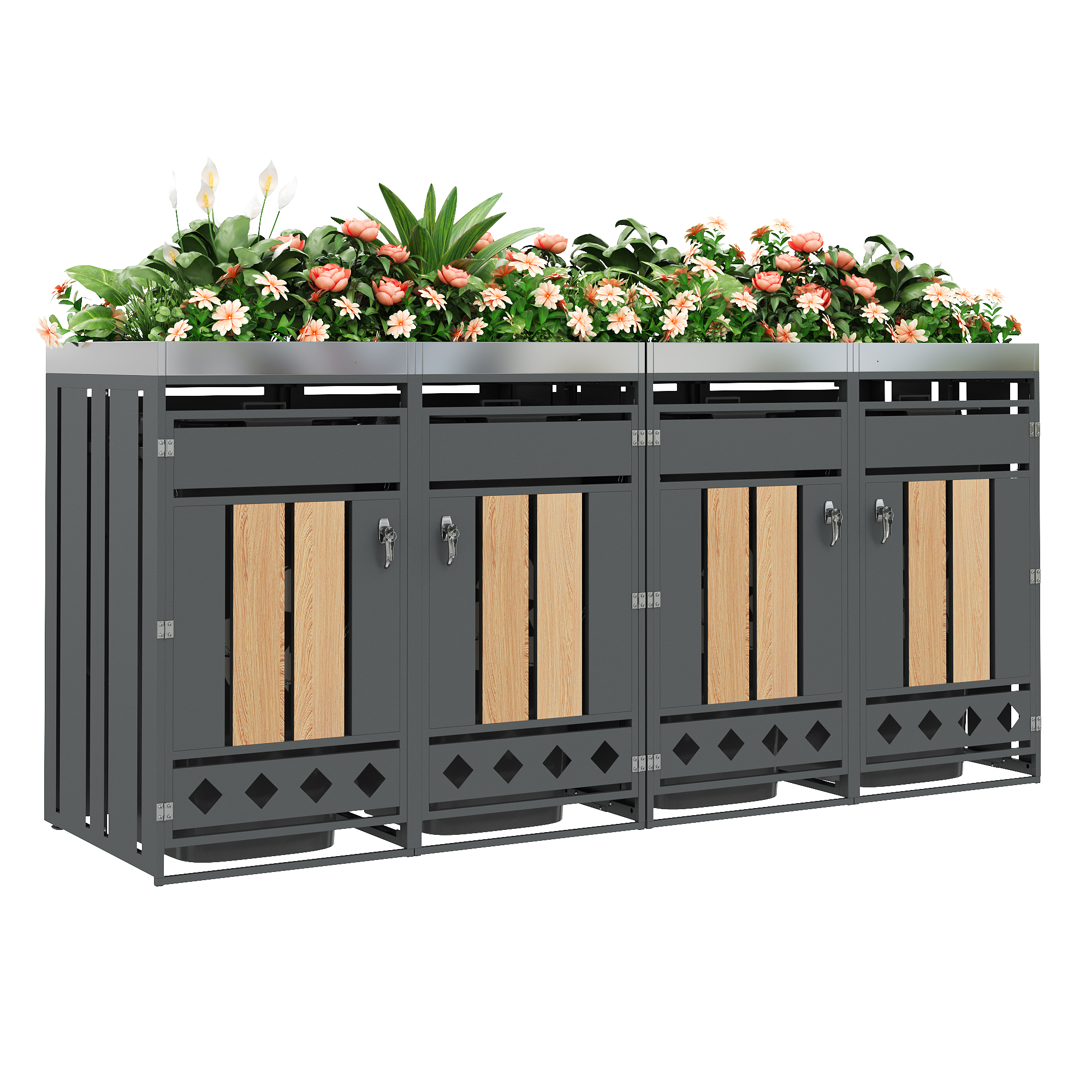 Garbage Can Box, With Diamond-shaped Ventilation Holes, Trash Storage Compartments, Lockable, Four Doors, Planting Area, Door Panel With Vertical Wood Grain, Diamond-shaped Hollow Sock