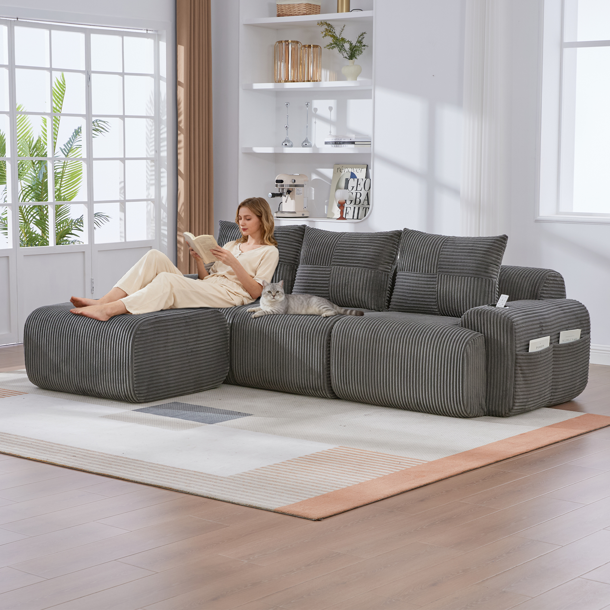 Modular Corduroy Sofa For 3 People  With Stools , Freely Combinable, Including Cup Holder And Side Storage Bag, Ideal For Living Room, Family Room And