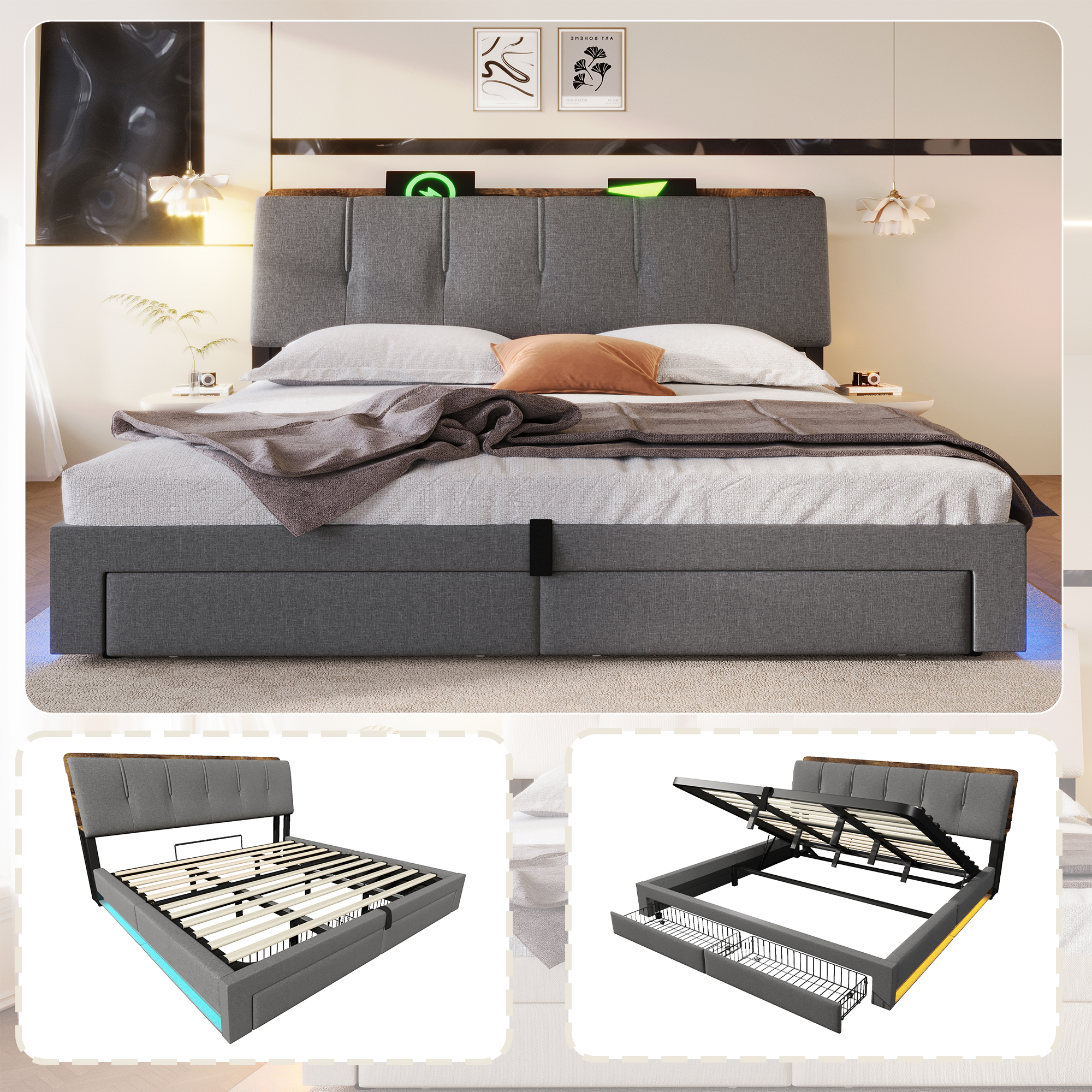 Upholstered Bed, 180x200 Cm, Hydraulic Storage, With USB Type-C Charging Function, Without Mattress, Multifunctional Storage, LED Lighting, Pushbutton Appdien, Linen, Grey