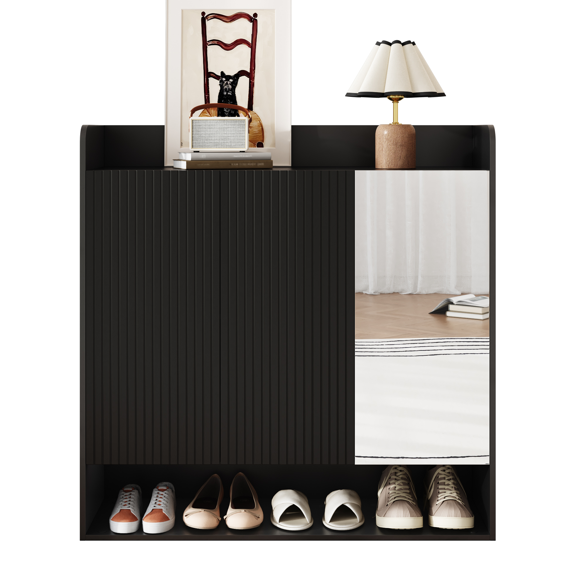 Shoe Cabinet With Black Vertical Striped Structure , Entrance Shoe Cabinet With Full Length Mirror , Multi-storey Large Capacity Shoe Rack