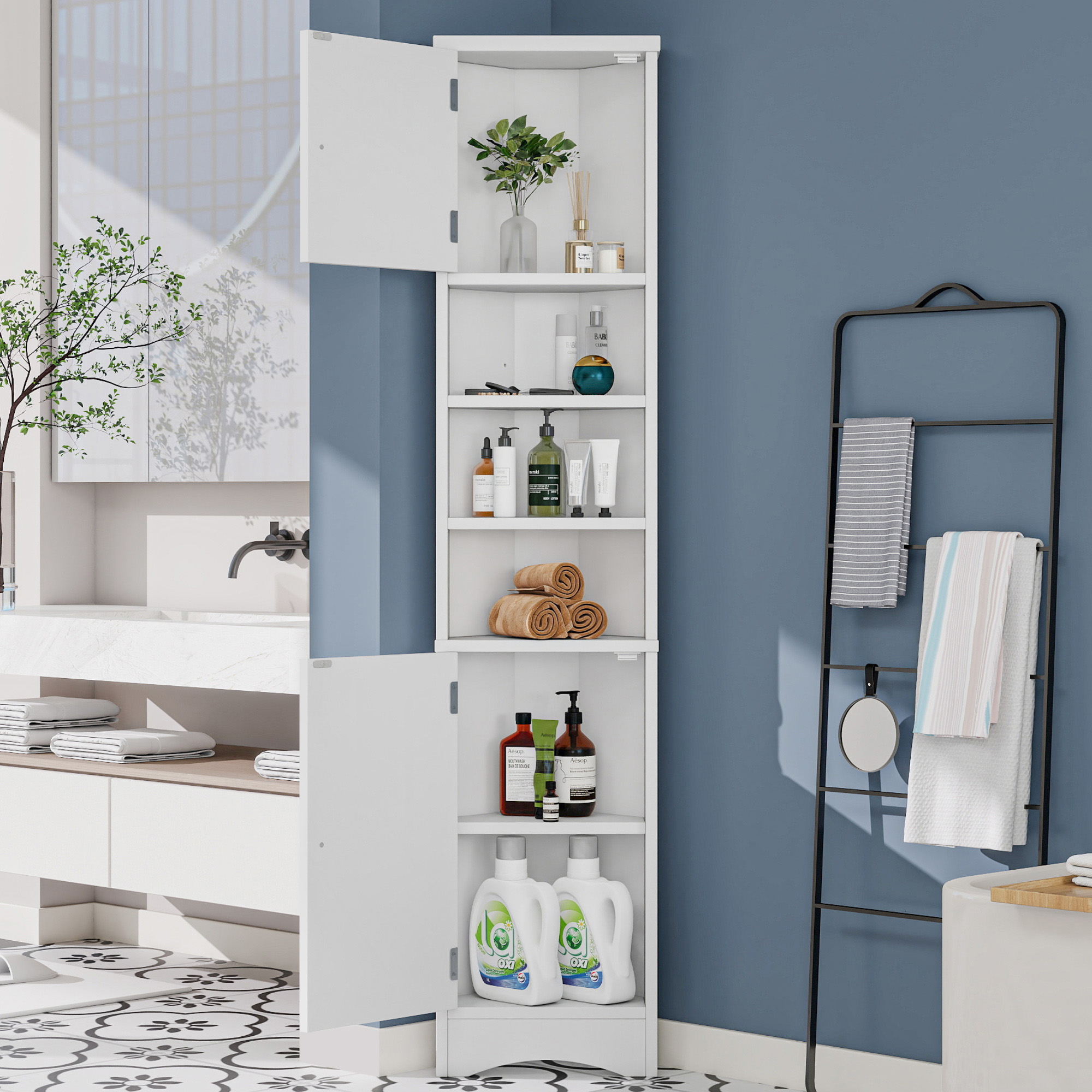 36.5 X 24.5 X 170cmTriangular Bathroom Cabinet, Full Lacquer, Moisture-proof Lacquer, Three Open Storage Compartments, Double Doors, Adjustable Shelve