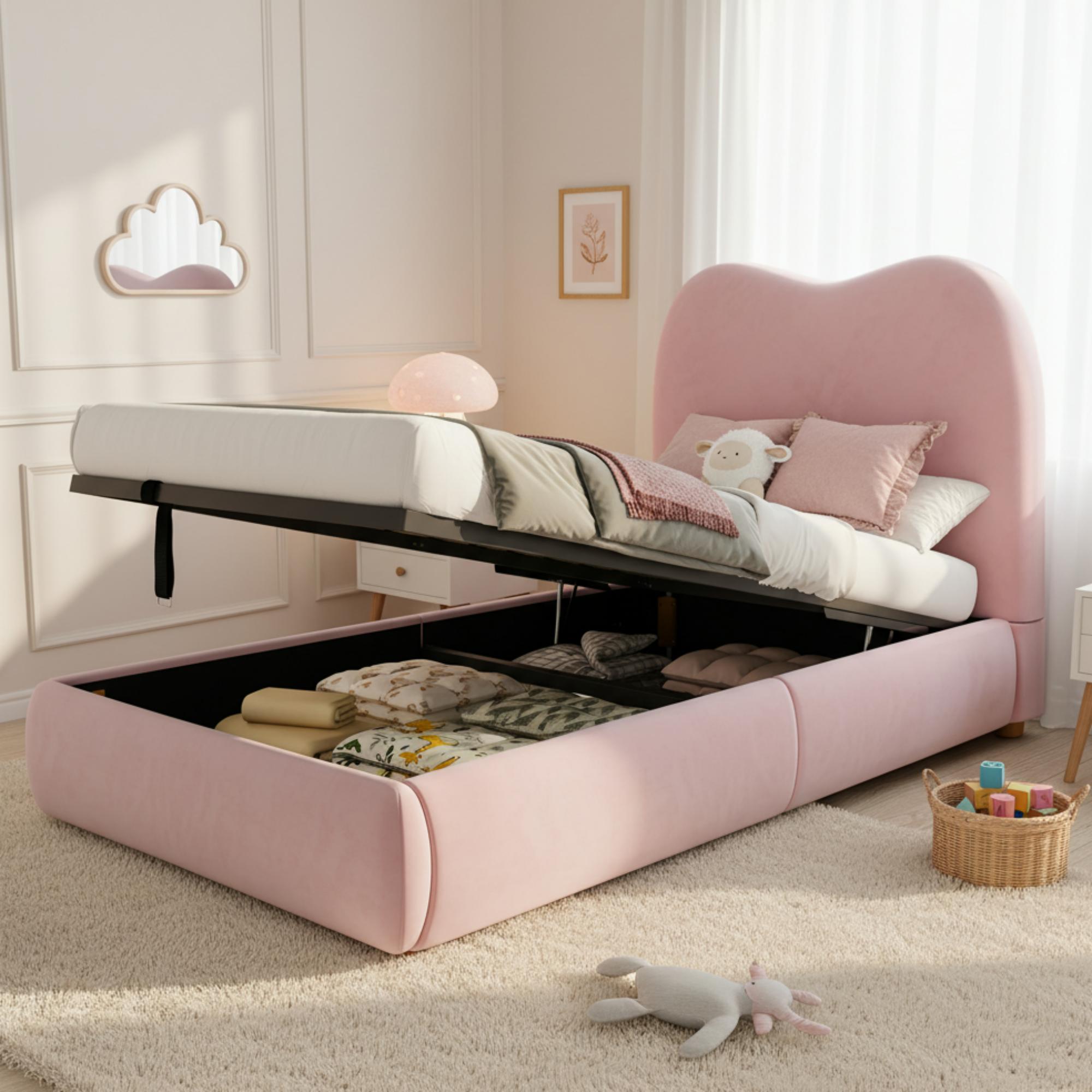 Upholstered Bed, Single Bed, Cot 90 X 200cm, Hydraulic Functional Bed, Bed With Slatted Frame, Headboard And Large Storage Space, Upholstered Headboard, Velvet, Pink