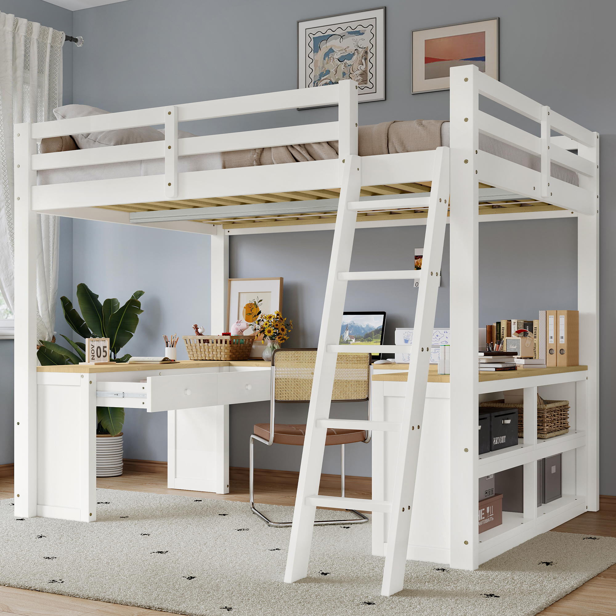 Loft Bed, Children's Bed, U-Shaped Long Table, With Two Drawers And Storage Shelf, Pine  MDF   PB  Plywood, Sturdy Slatted Frames, White Natural, 140x200cm
