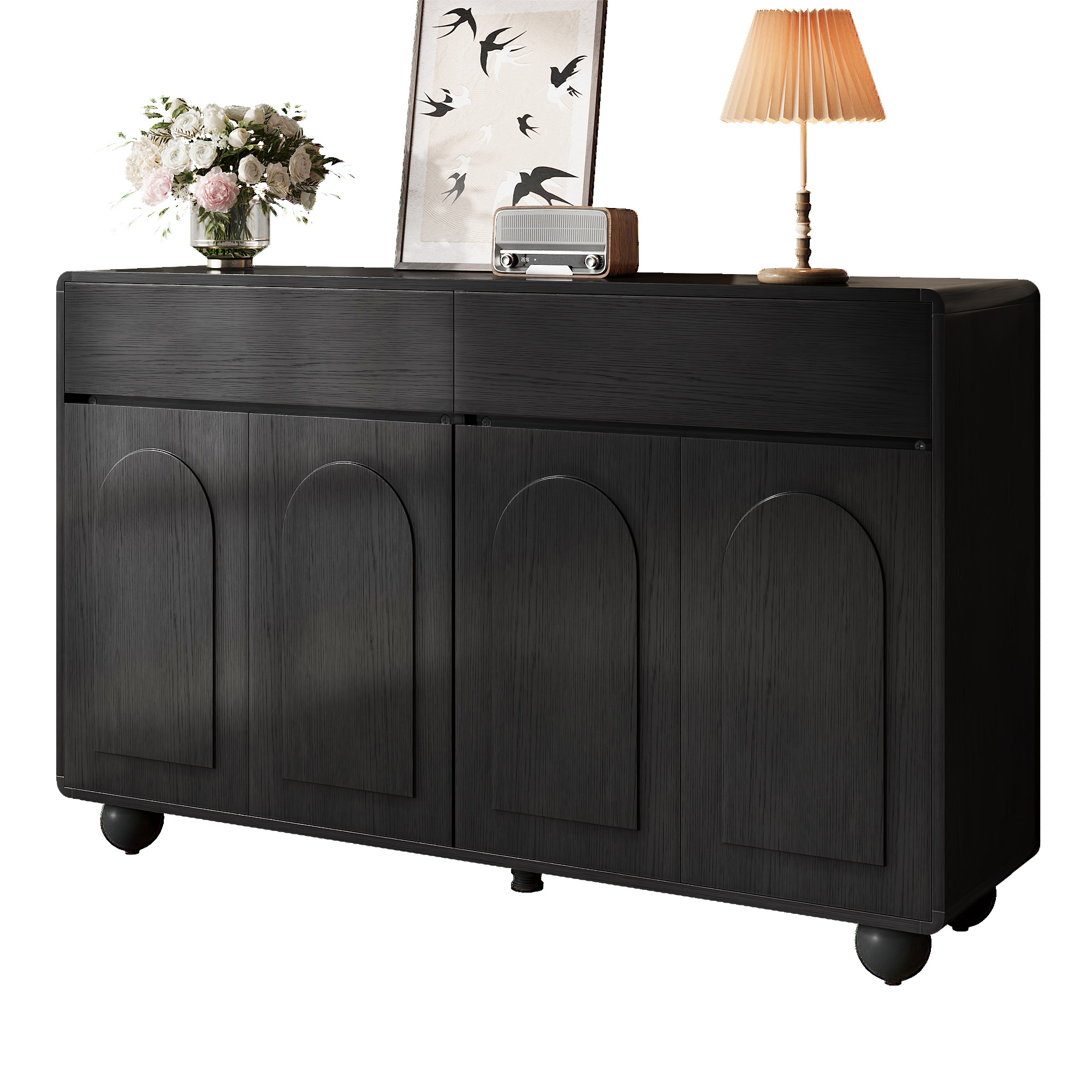 Sideboard Living Room With Curved Doors, Modern Storage Cabinet Made Of PB And MDF, Round Metal Feet