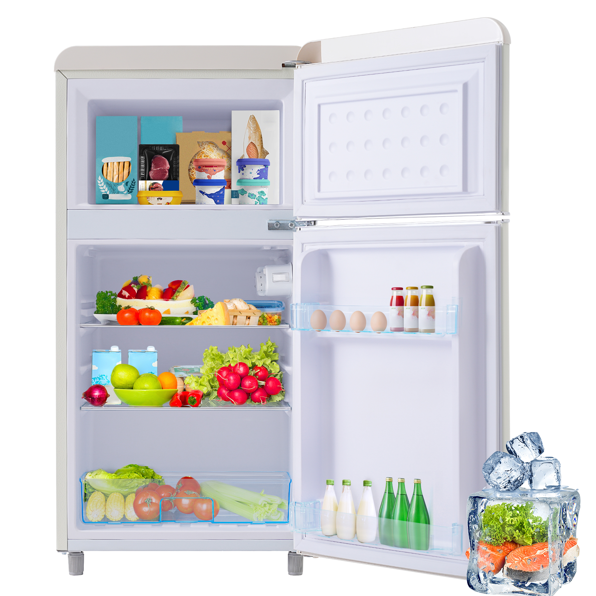 Retro Refrigerator, Top And Bottom Double Door Refrigerator, 72 Liters Total Volume, With 21 Liter Freezer Volume, 120 KWh Year, LED Light. Available 