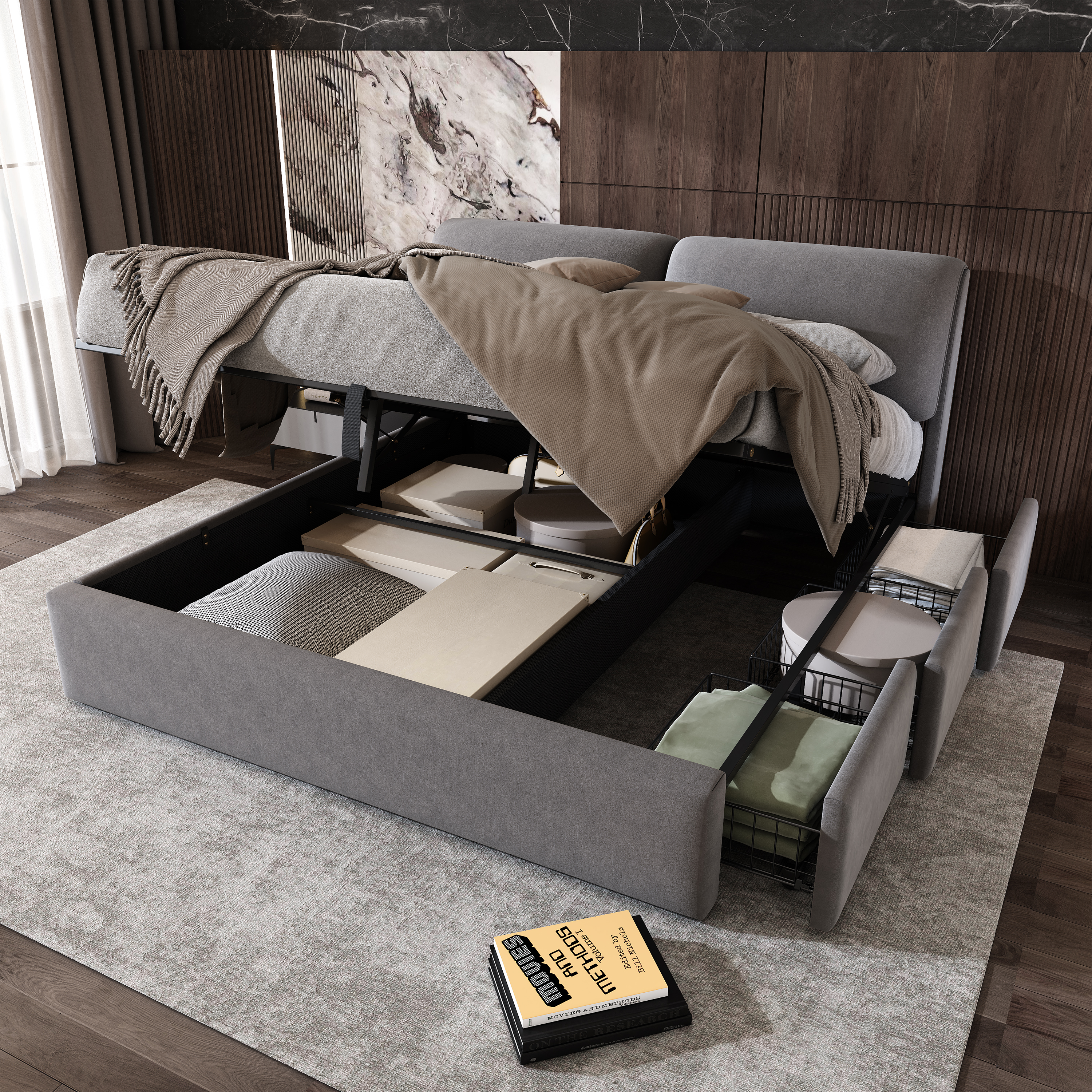 Upholstered Bed, 180x200, Hydraulic Bed, Three Drawers, Storage Storage Base, Slatted Base With Headboard, Without Mattress, Velvet, Grey