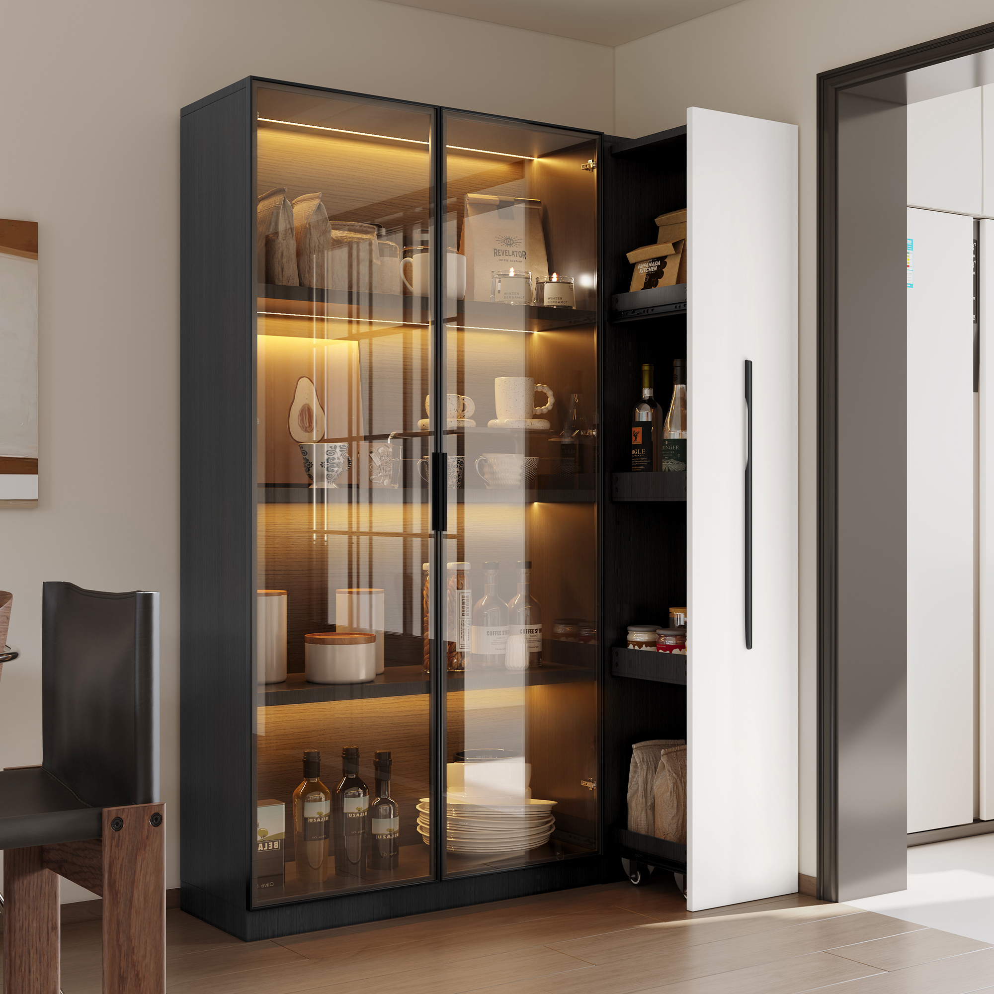 Multifunctional Cabinet 110.5x35x160 Cm - Display Cabinet With Glass Door And LED, Side Pull-out, Roller Cabinet - Design In White And Black, Tall Cabinet In Modern Style, Bookcase, Bathroom Cabinet,