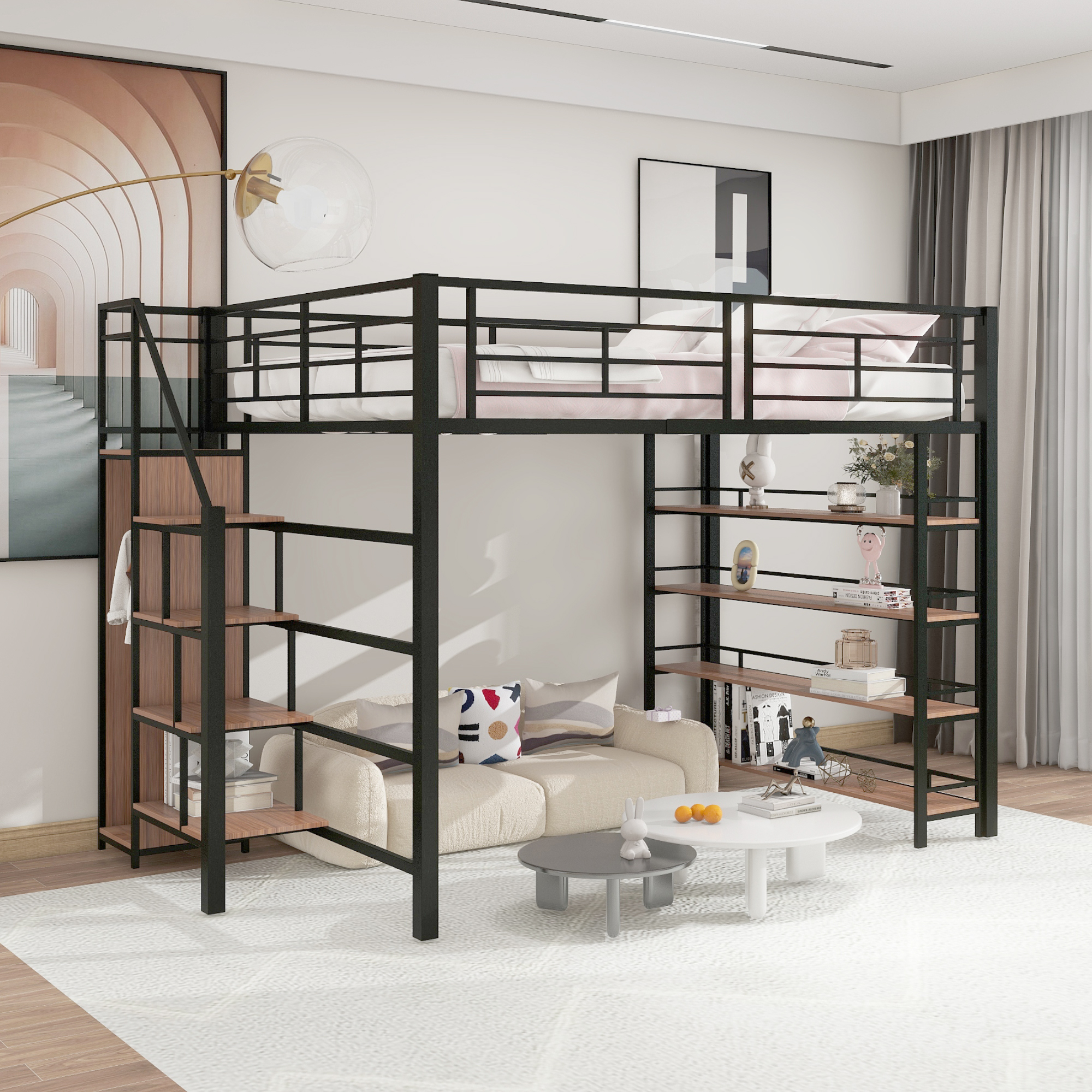 Loft Bed 140x200, With Safety Stairs, Storage Space And Small Wardrobe, Shelves, High Fence Design, Single Bed, Youth Bed, Black
