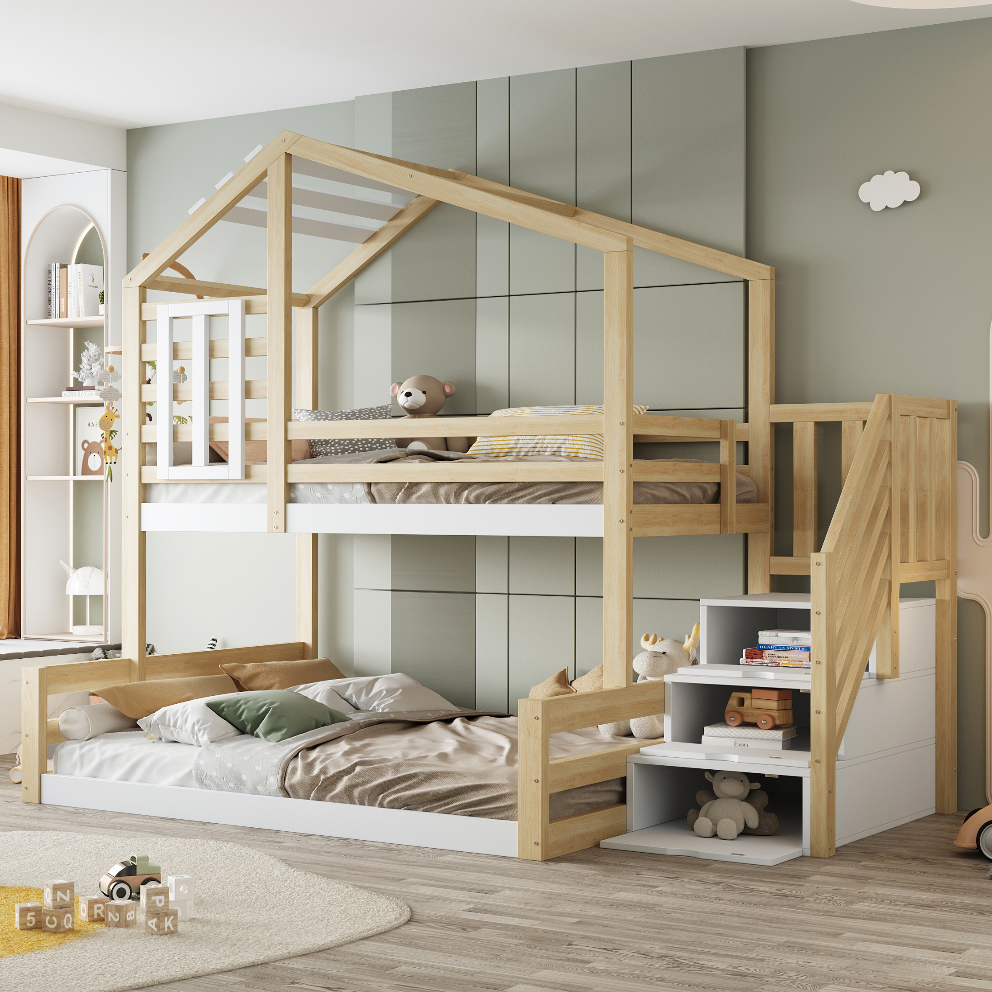 Bunk Bed, 90x200cm, Pinewood, Bed With Window, Skirting Board, Railing, Stepped Staircase For Storage, Nature