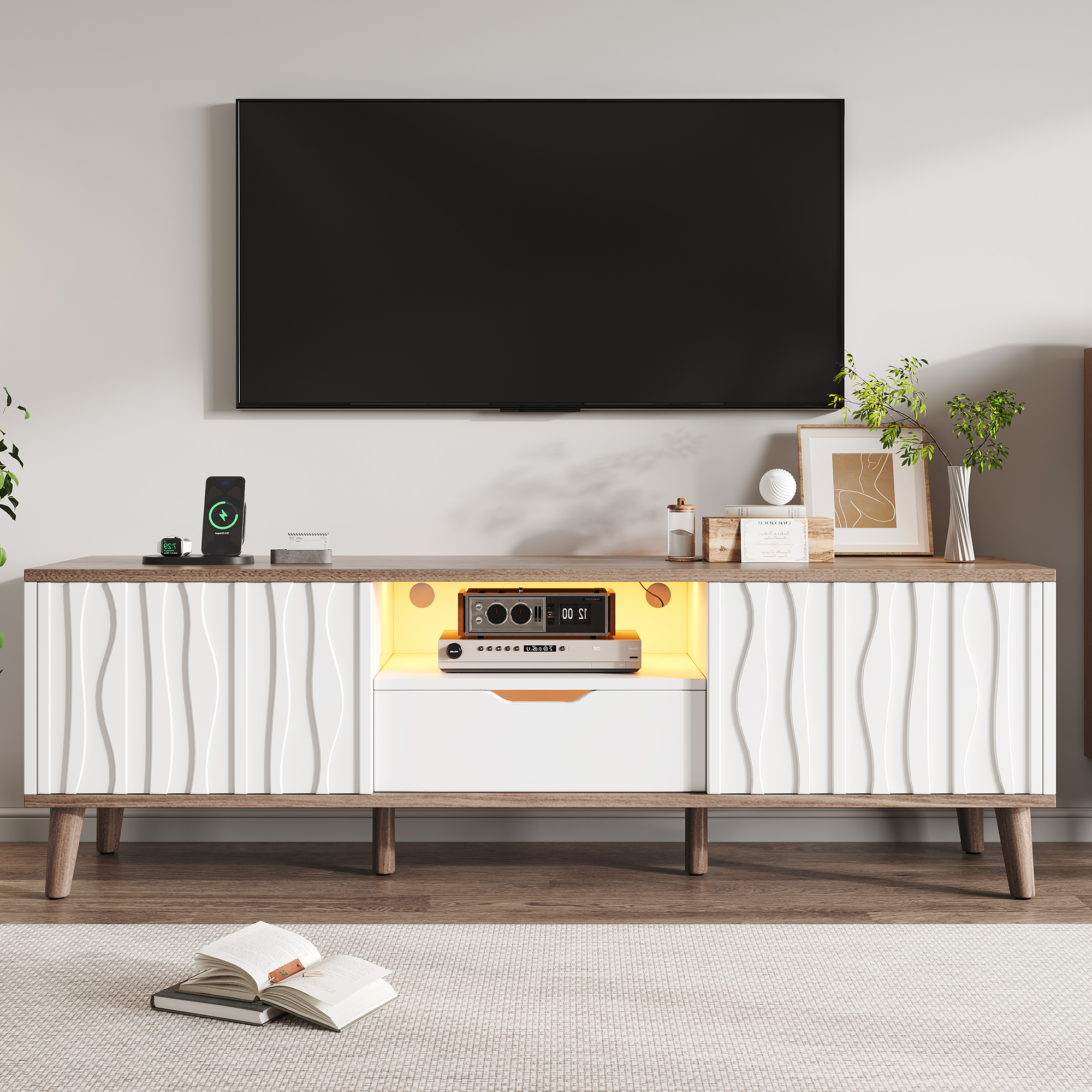 Armoire TV LED, Console Multimédia avec Espace de Rangement, Armoire Moderne