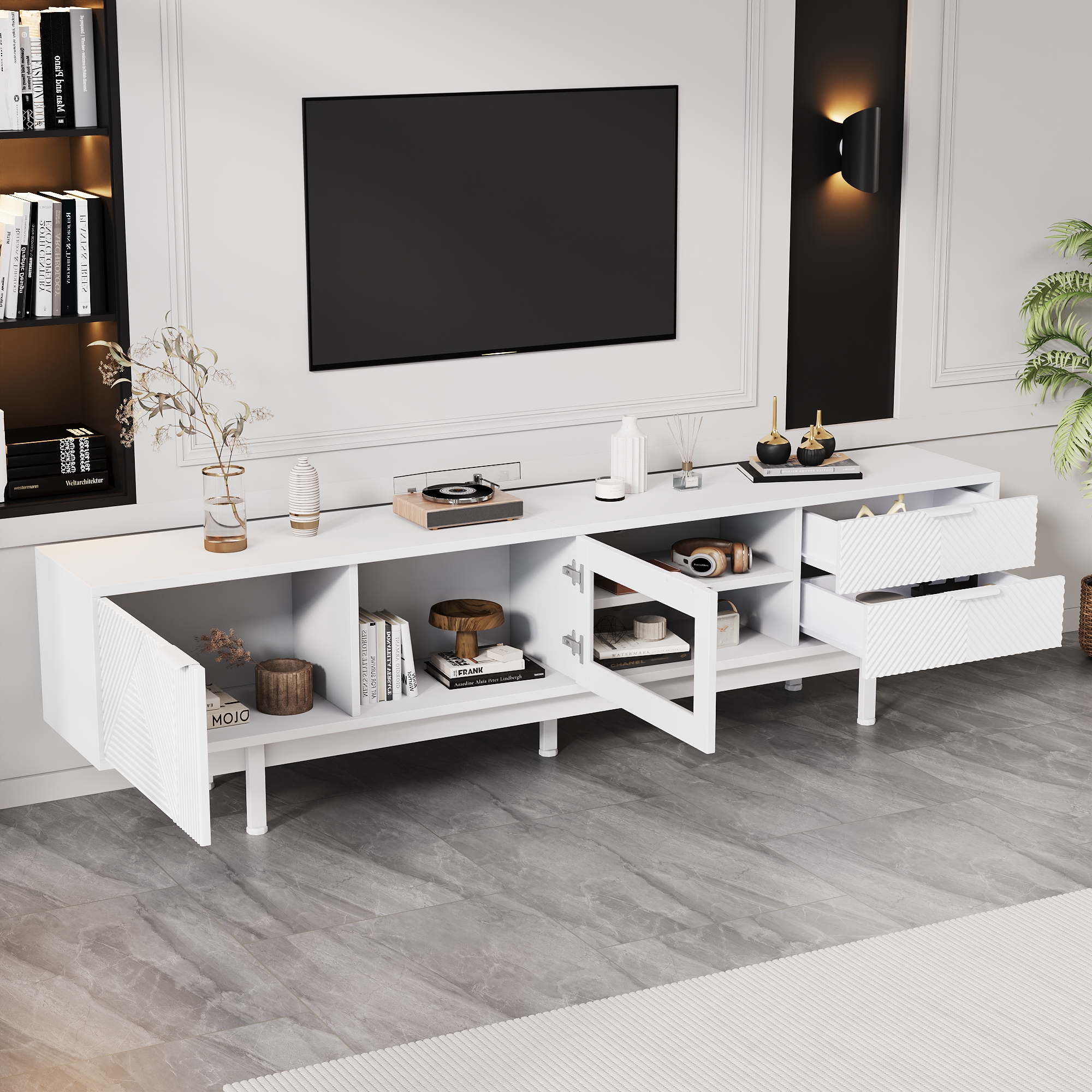 200x40x50.5cm Modern Simple TV Cabinet, Lowboard With 2 Doors And 2 Drawers,TV Stand With Large Storage Space,Living Room Cabinet With Total Load Capacity Of 45kg,Suitable For 80 Inch,White