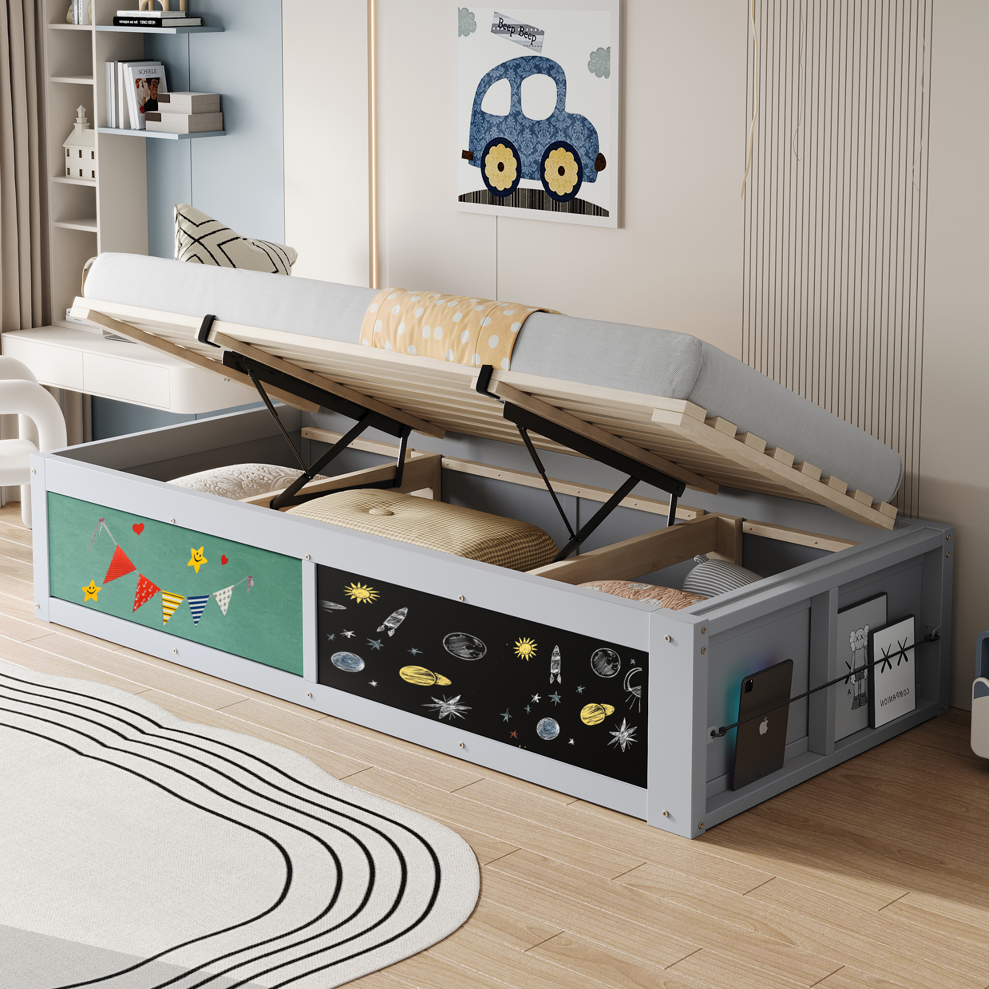 Wooden Bed, 90 X200 Cm, With Hydraulic Adjustment, Writing Plate And Felt-covered Top. With Storage Space For Books, Mountable Left Right. Single Bed, Cot, Grey