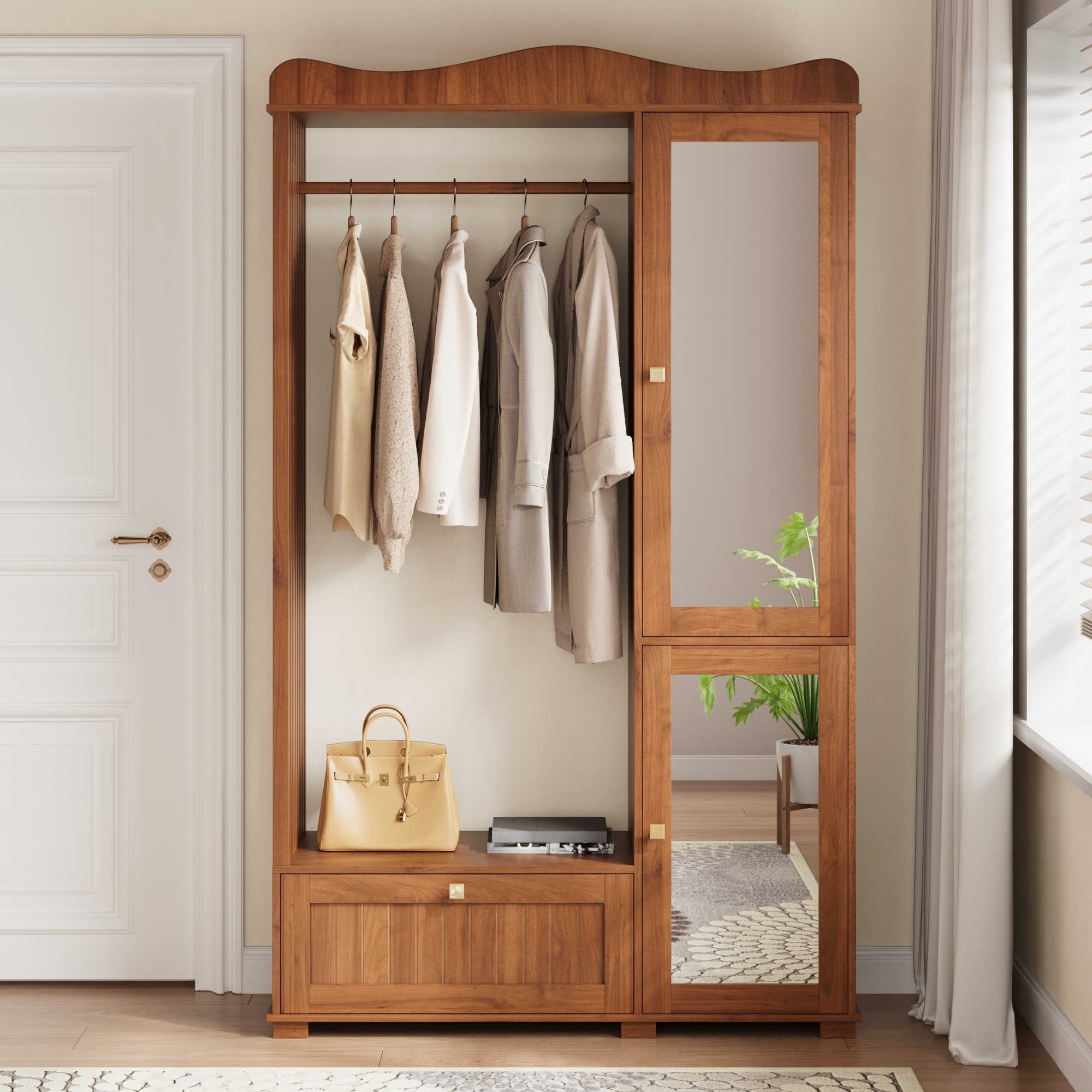 Wardrobe Cabinet With Mirror & Open Clothes Rack Compact Wardrobe, Practical Storage With Drawer & 2 Doors, Ideal For Bedroom & Hallway