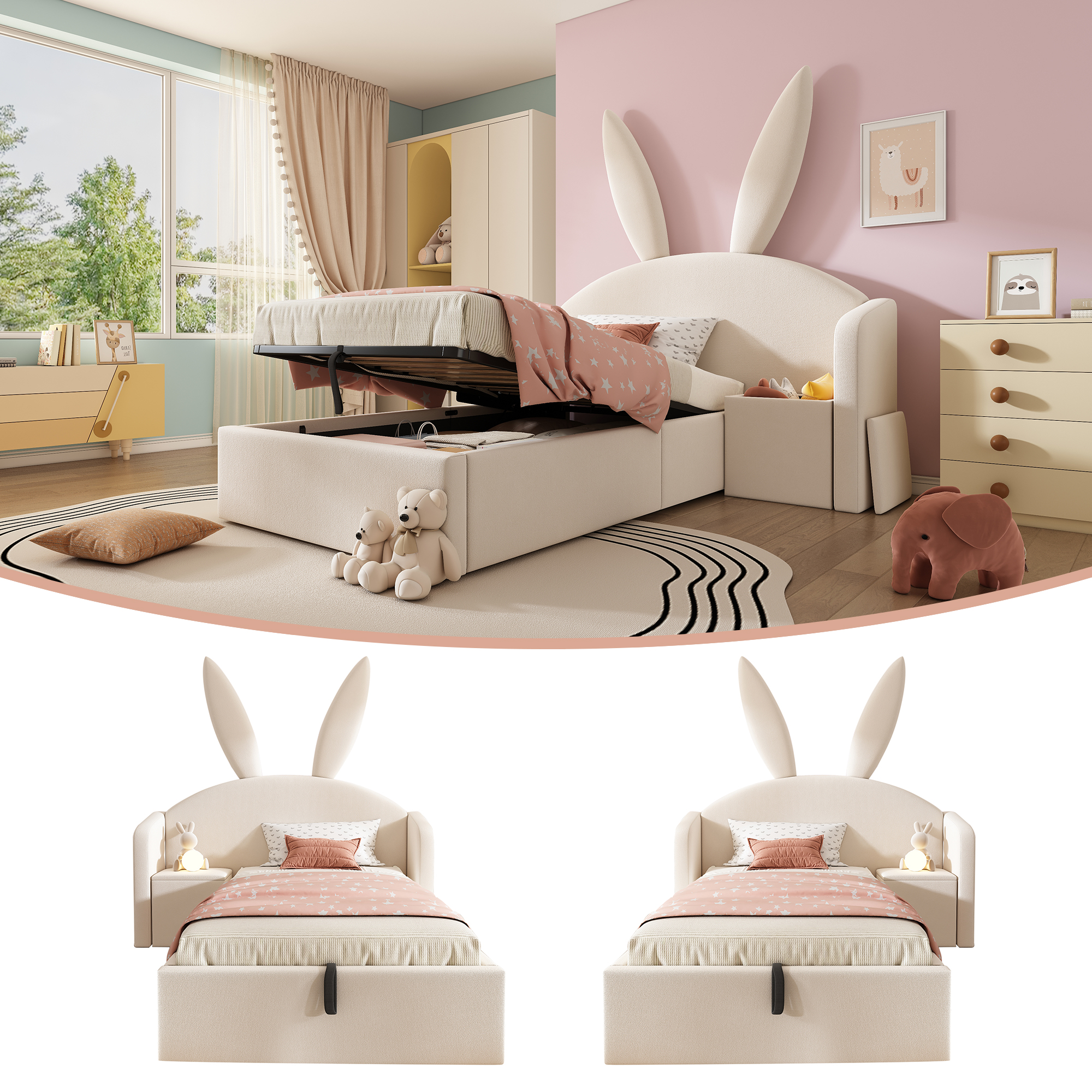Youth Bed 90x200cm With Bed Storage Hydraulic, Upholstered Bed With Bedside Table & Rabbit Ear Design, Velvet Fabric Bed Frame, Beige  Without Mattress