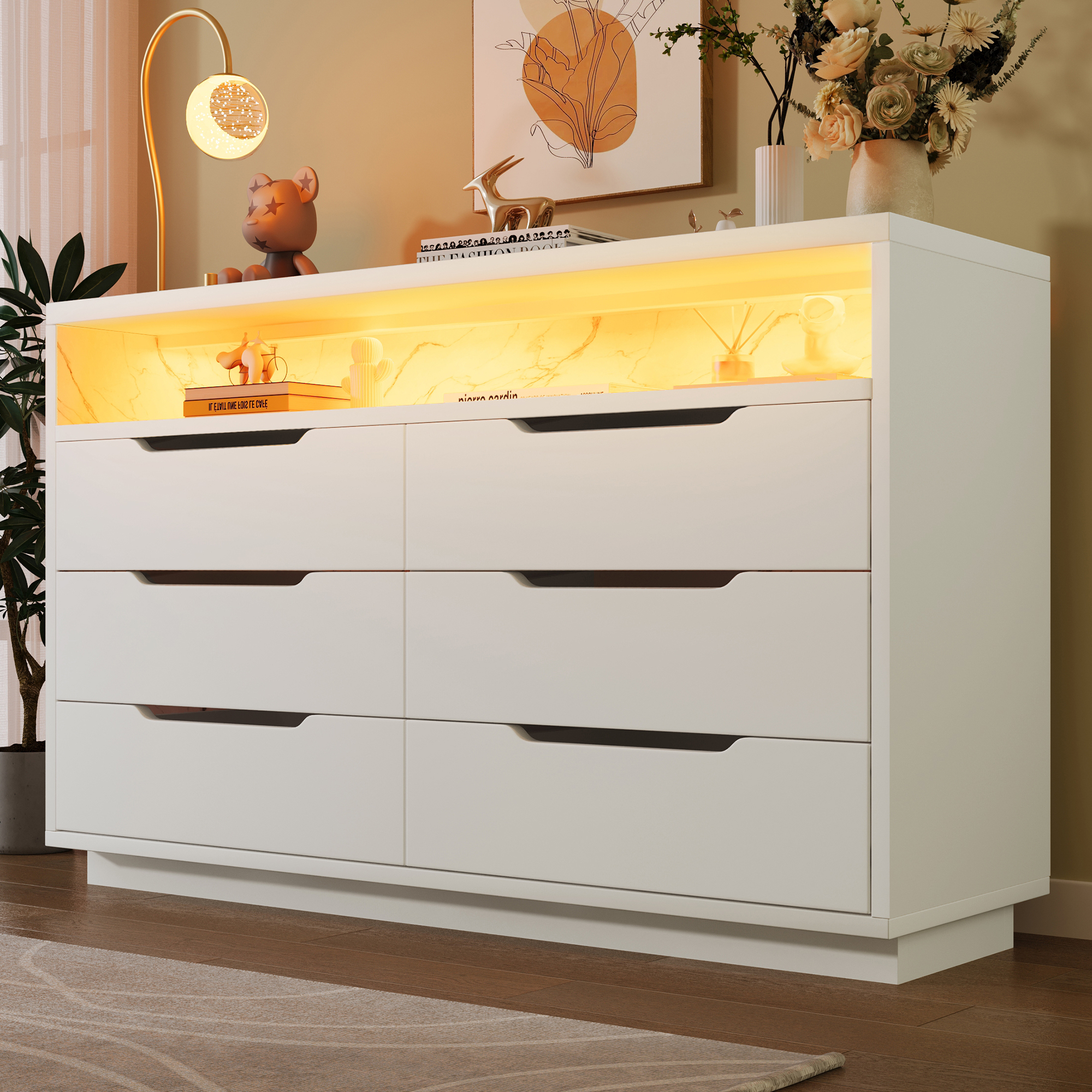 Sideboard, Chest Of Drawers With LED Lighting And 6 Drawers, Storage Compartment With Marble Grain, Modern Wardrobe For Living Room And Bedroom, 120x40x85cm, White