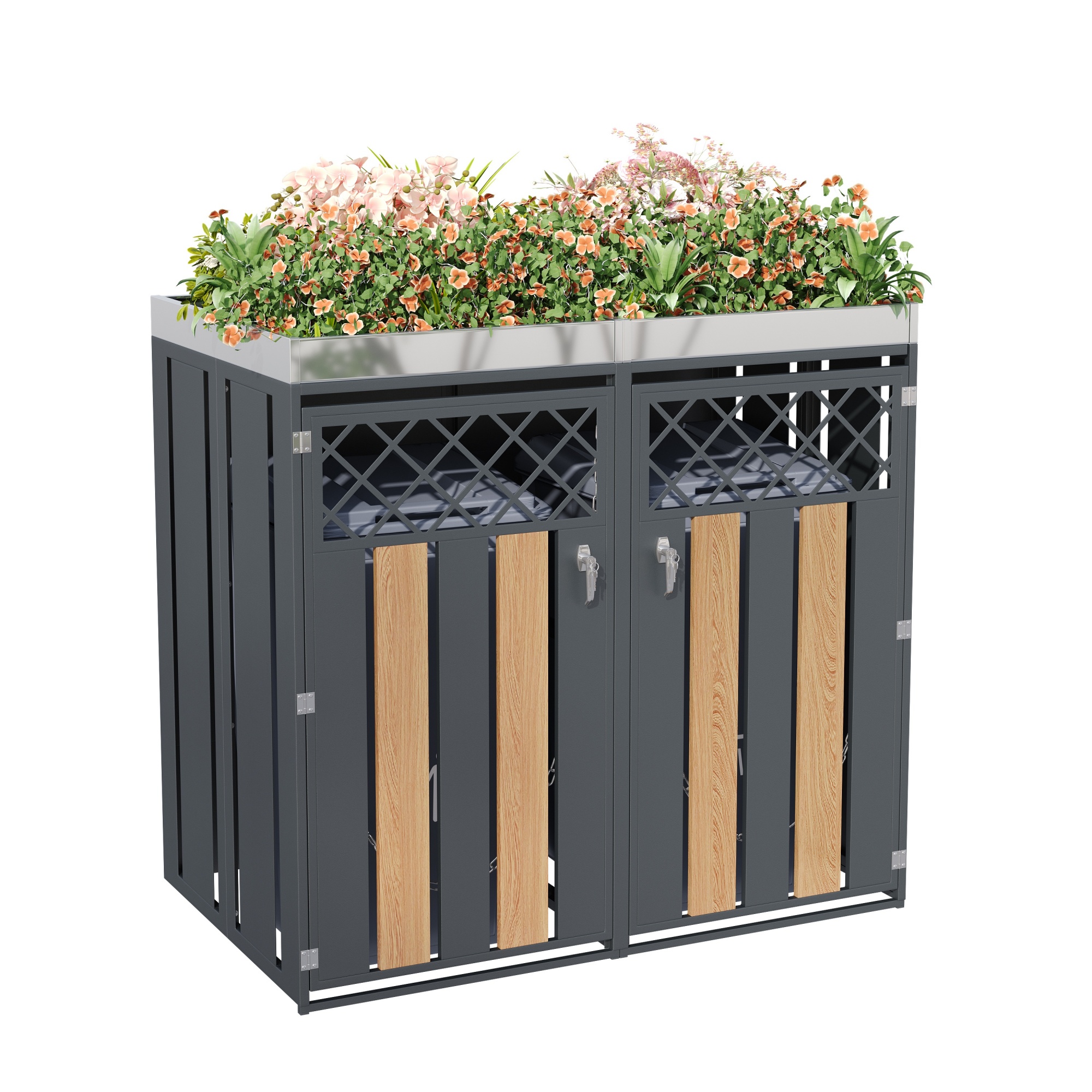Garbage Can Box, With Diamond-shaped Ventilation Holes, Trash Storage Compartments, Lockable, Two Doors, Planting Area