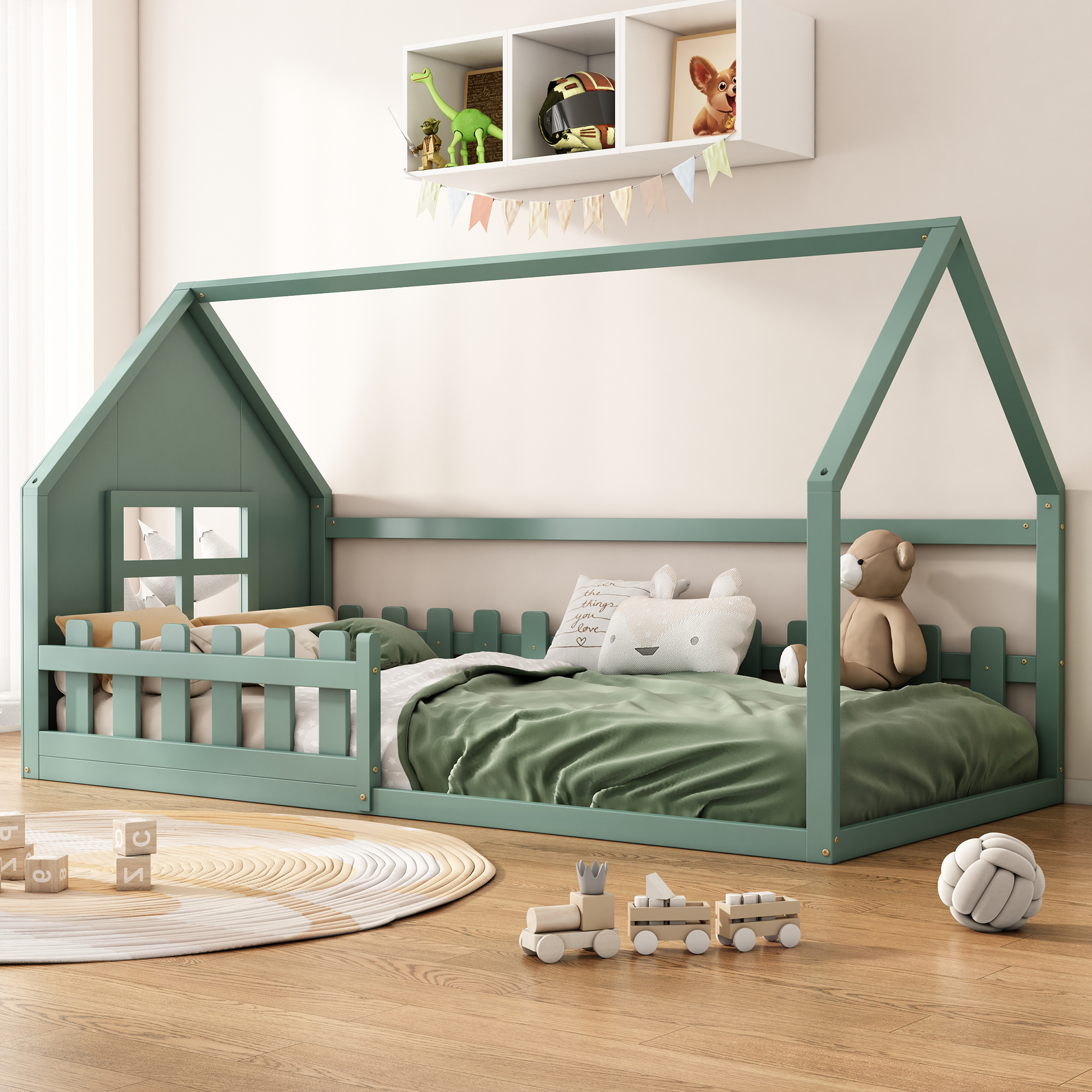 90x200cm Flat Bed, Cot, House Skirting, Green
