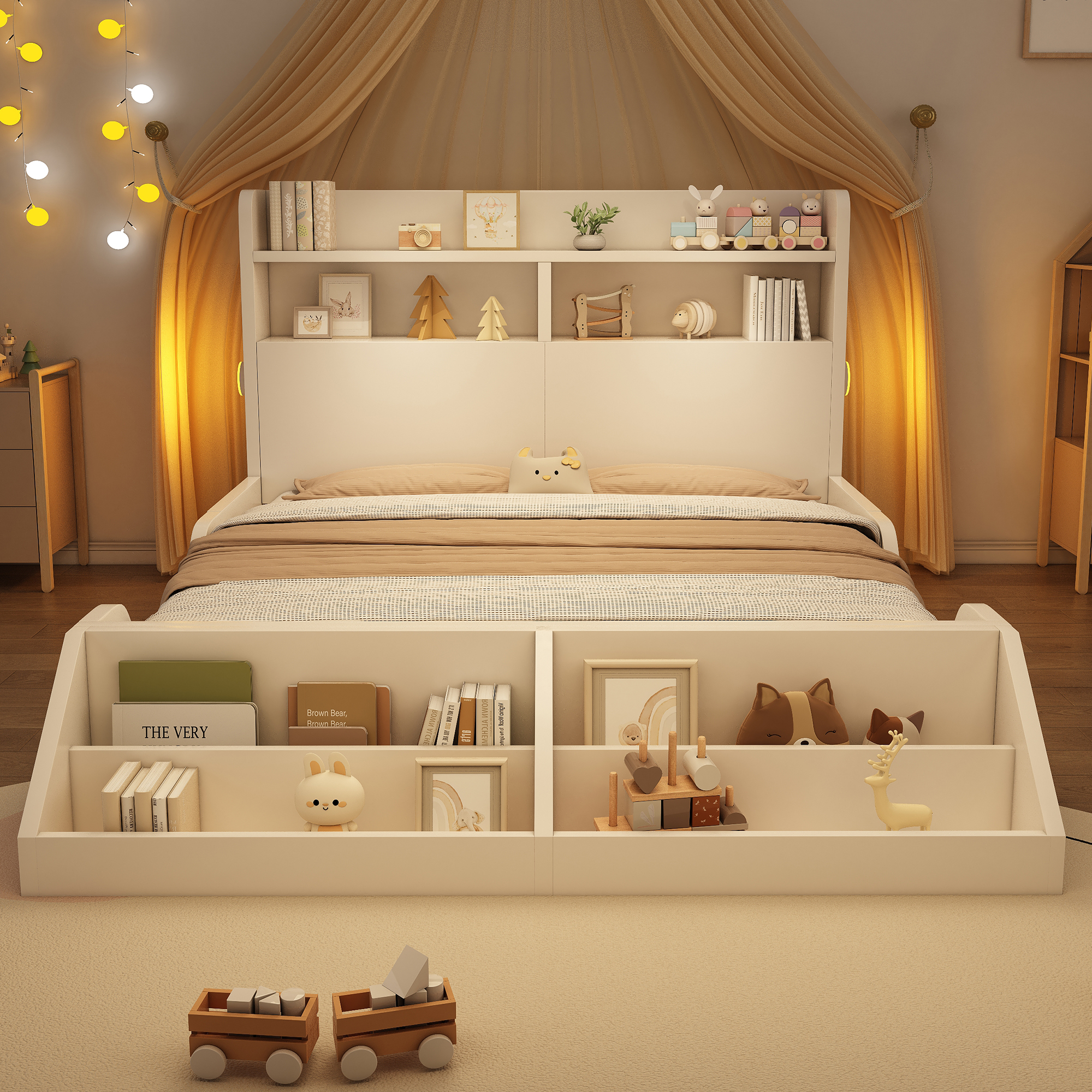 Lit en bois lit double 140x200 cm lit enfant avec étagères, veilleuses – Image 3