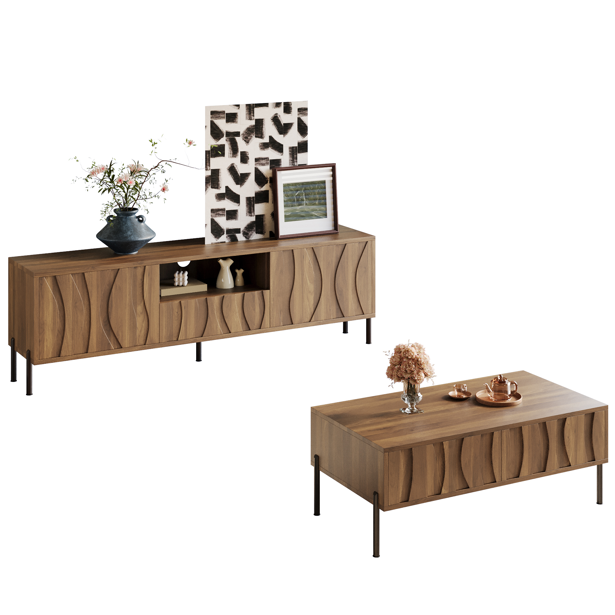 Solid Wood Coffee Table And TV Stand Combination With Wave Pattern,Natural Wood Grain Storage Set,Artistic Storage Furniture For Living Room