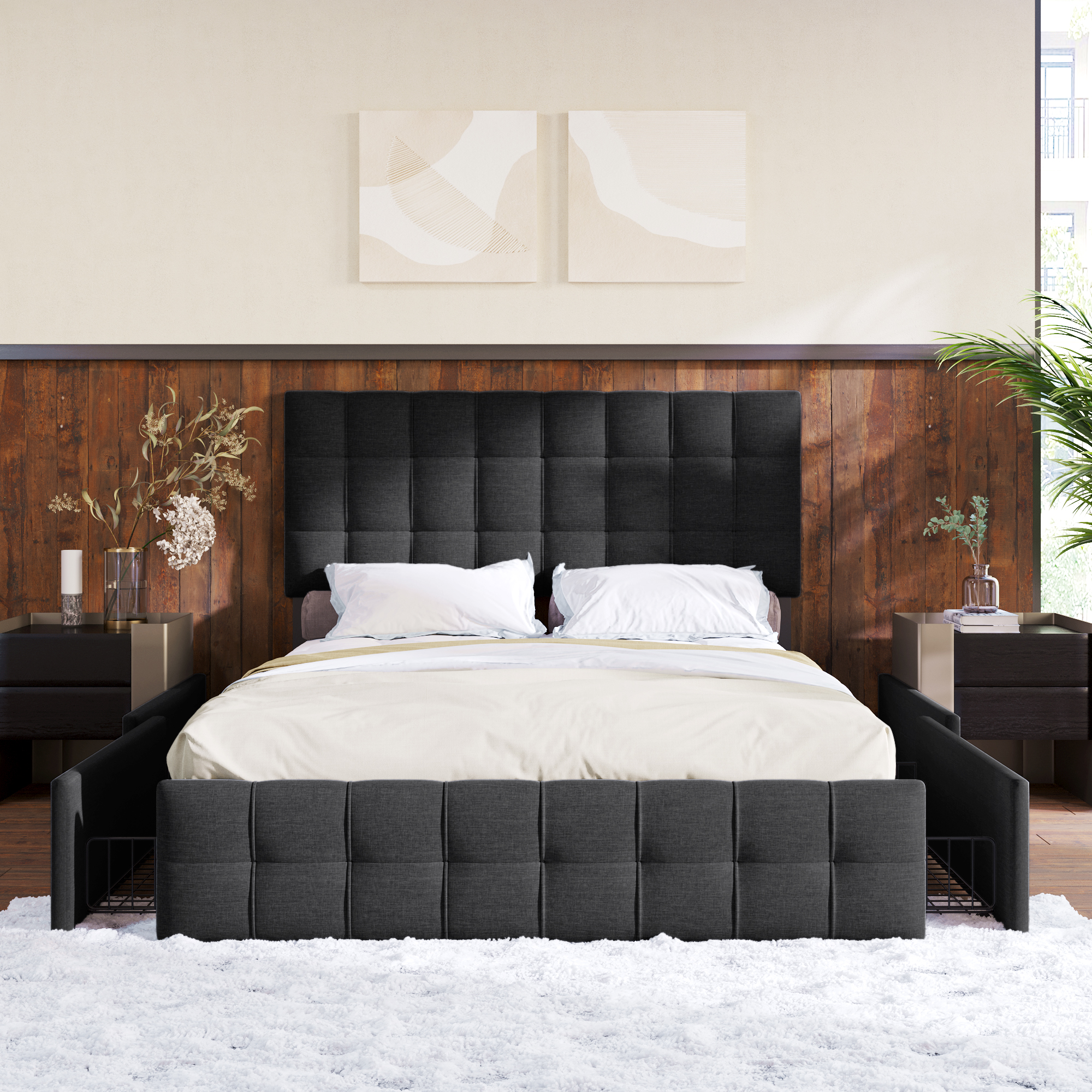 622122AAS  Sofa Bed With 4 Drawers, Double Bed With Bar Frame, Storage Bed, Height Adjustable Headboard & Square Sewing Design, Metal Bar Support, Linen Material  140x200 Cm, Black