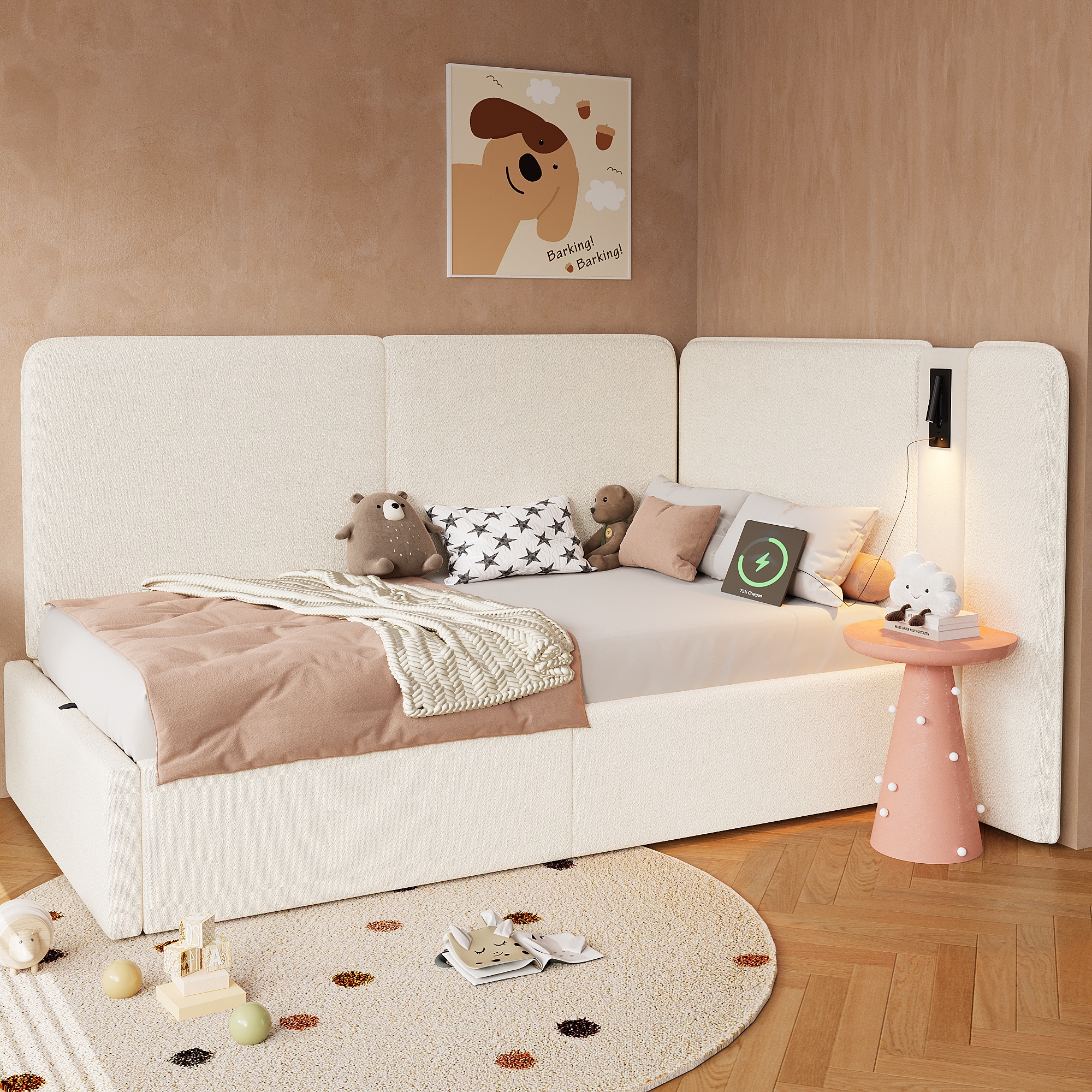 Daybed 90x200 Cm With Hydraulic Storage, Upholstered Bed, Daybed, Sofa Bed With USB Charging Port And Reading Lamp, Beige, Boucle 2