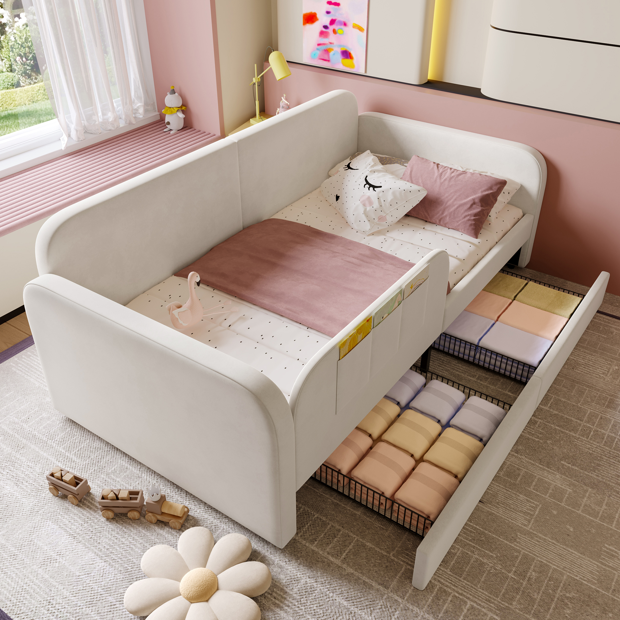 Children's Splice Bed, Upholstered Bed, Daybed, Sofa Bed With Metal Bed Frame, 3 Small Storage Bags, 2 Drawers On Wheels, Velvet-MDF-Plywood, White, 90X200cm