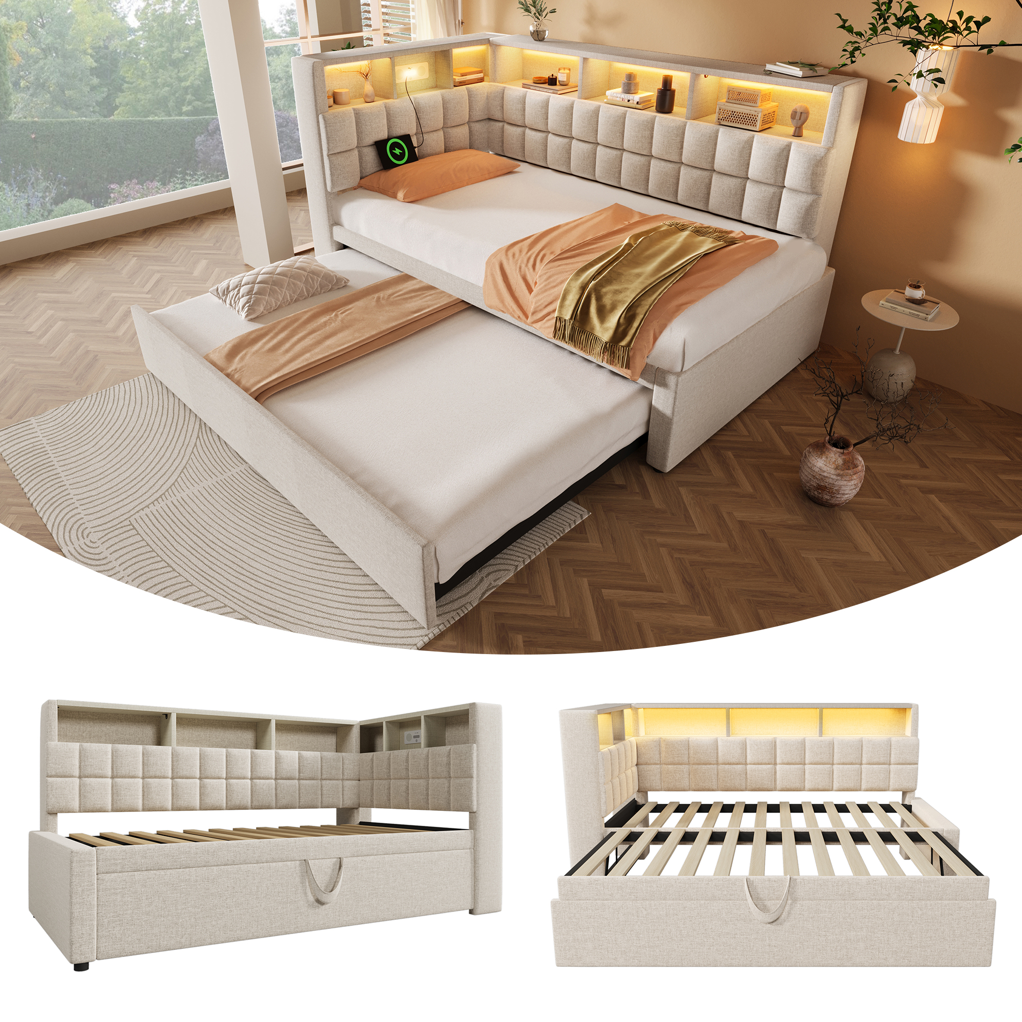 Linen Upholstered Bed 90x200 With Pull-out Bed 90x190, LED, Bluetooth Speaker, USB & Type-C Charging Port, L-headboard With Storage Shelf, Sofa Bed Guest Bed, Beige, Without Mattress