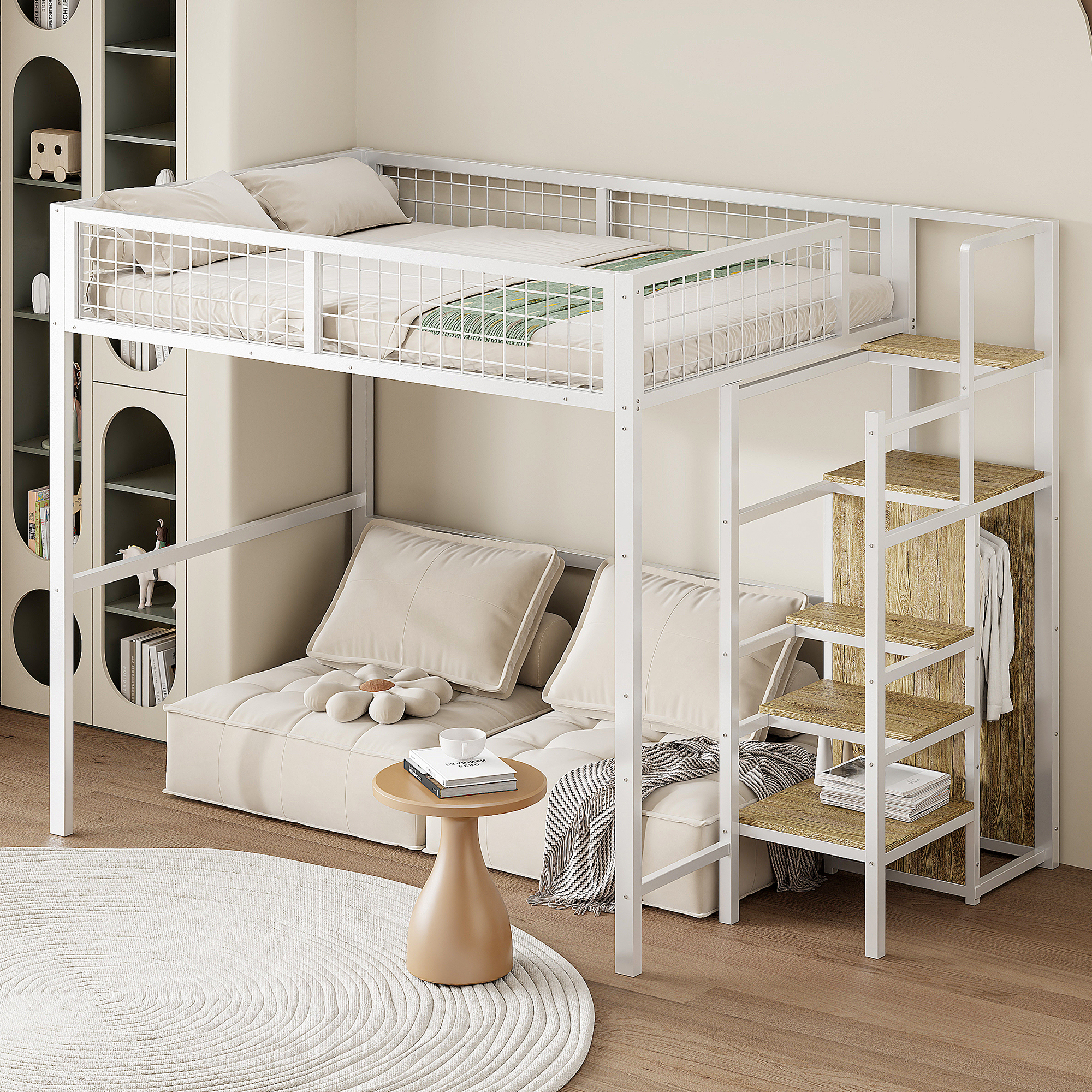 Loft Bed 140x200 With Ladder, Cot With Iron Frame And Storage Shelf, Wardrobe White  Old SKU LDB00198AAK