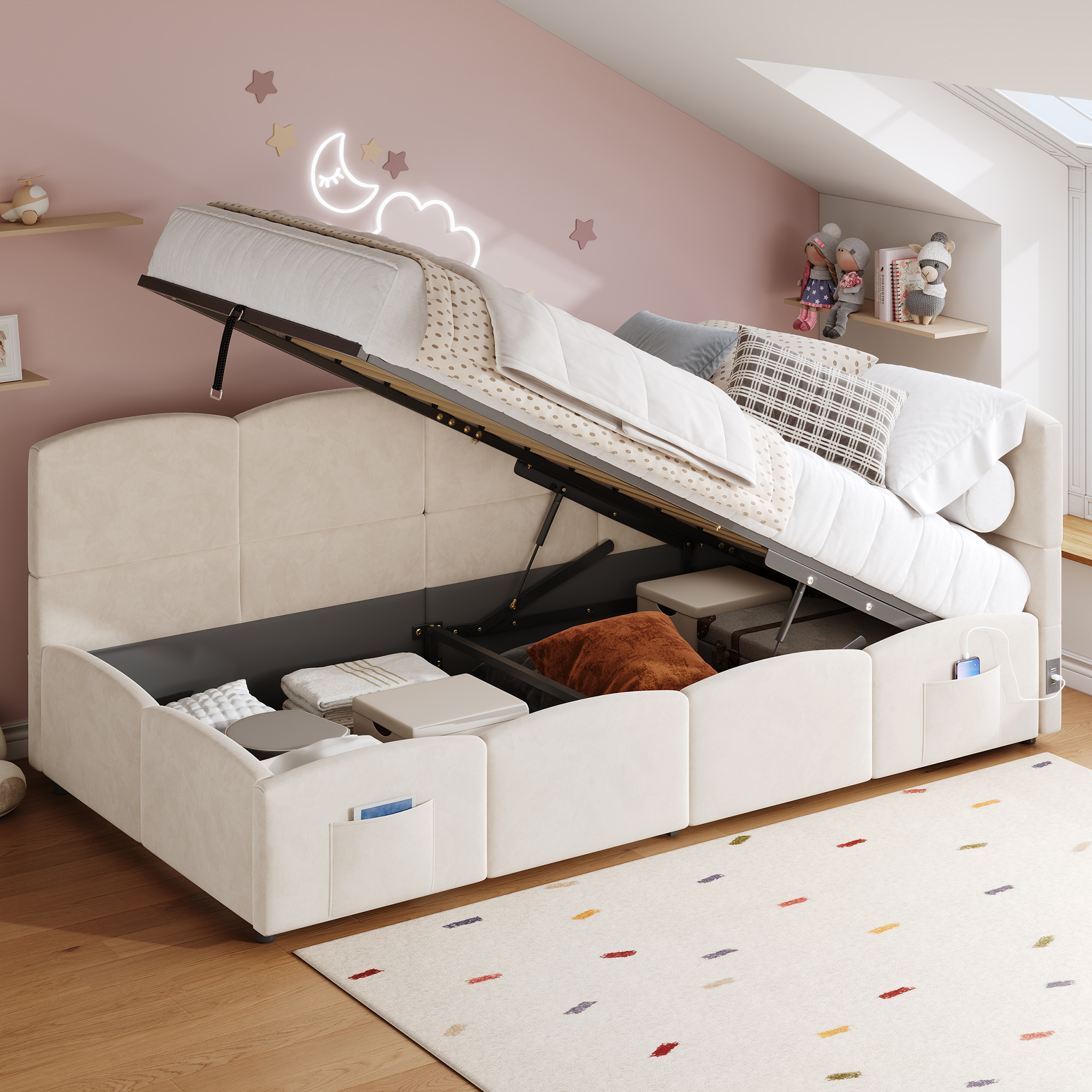 Upholstered Bed, Cot, Single Bed, Storage Bed, Sofa Bed 90x190 Cm, With Slatted Frame, USB Charger, Storage Bag, Youth Bed And Adult Cot, Velvet, Beige  Without Mattress