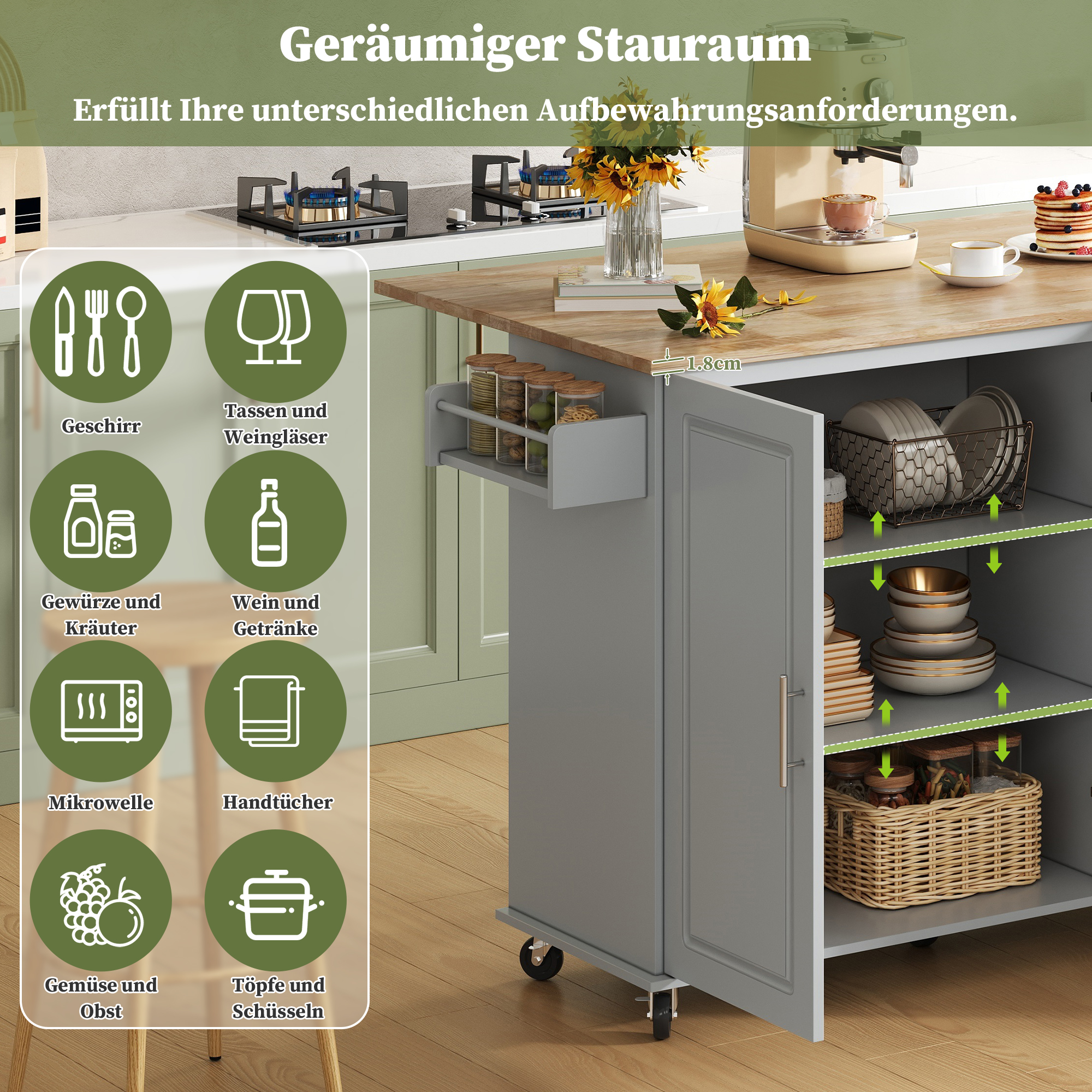 Îlot de Cuisine Mobile 137×92 cm, Plan de Travail Chêne Pliant