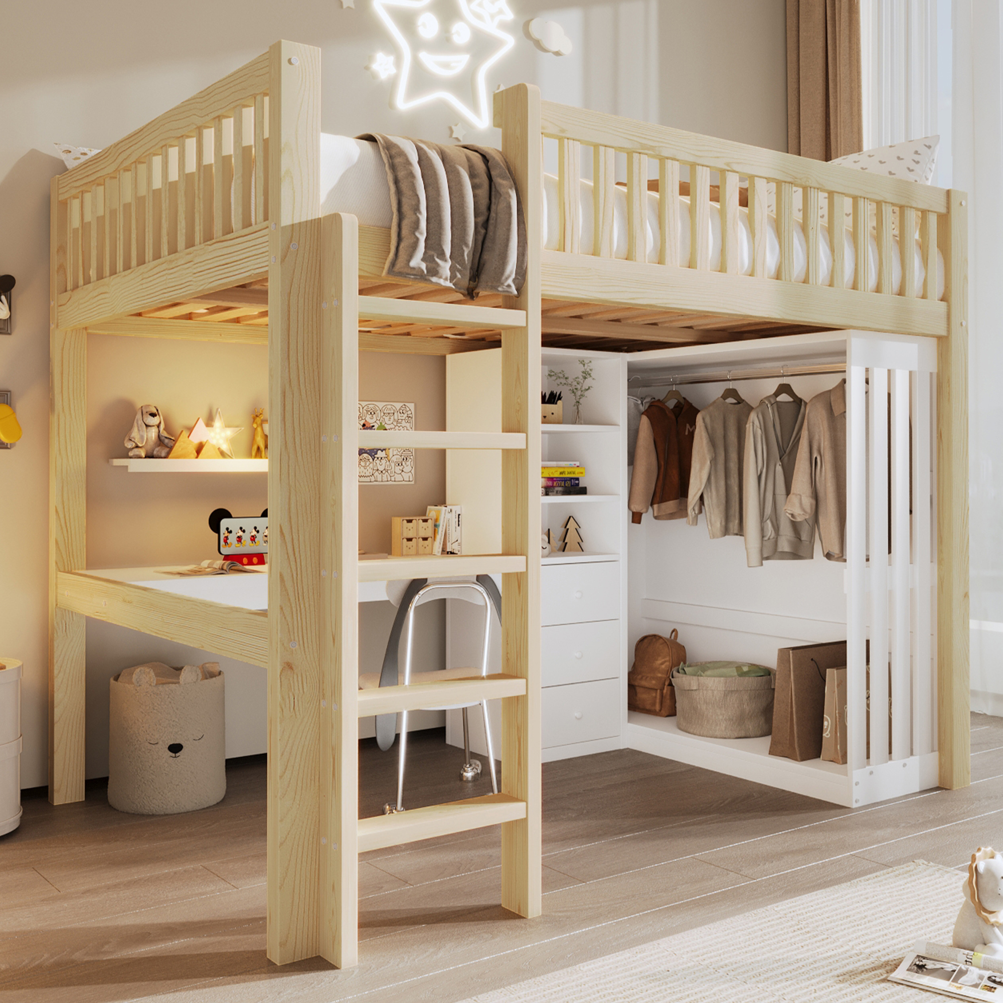 Loft Bed, 140x200cm , Desk, Wardrobe, 3 Drawers, Open Storage Space, Railing, Stairs, Without Mattress, Natural