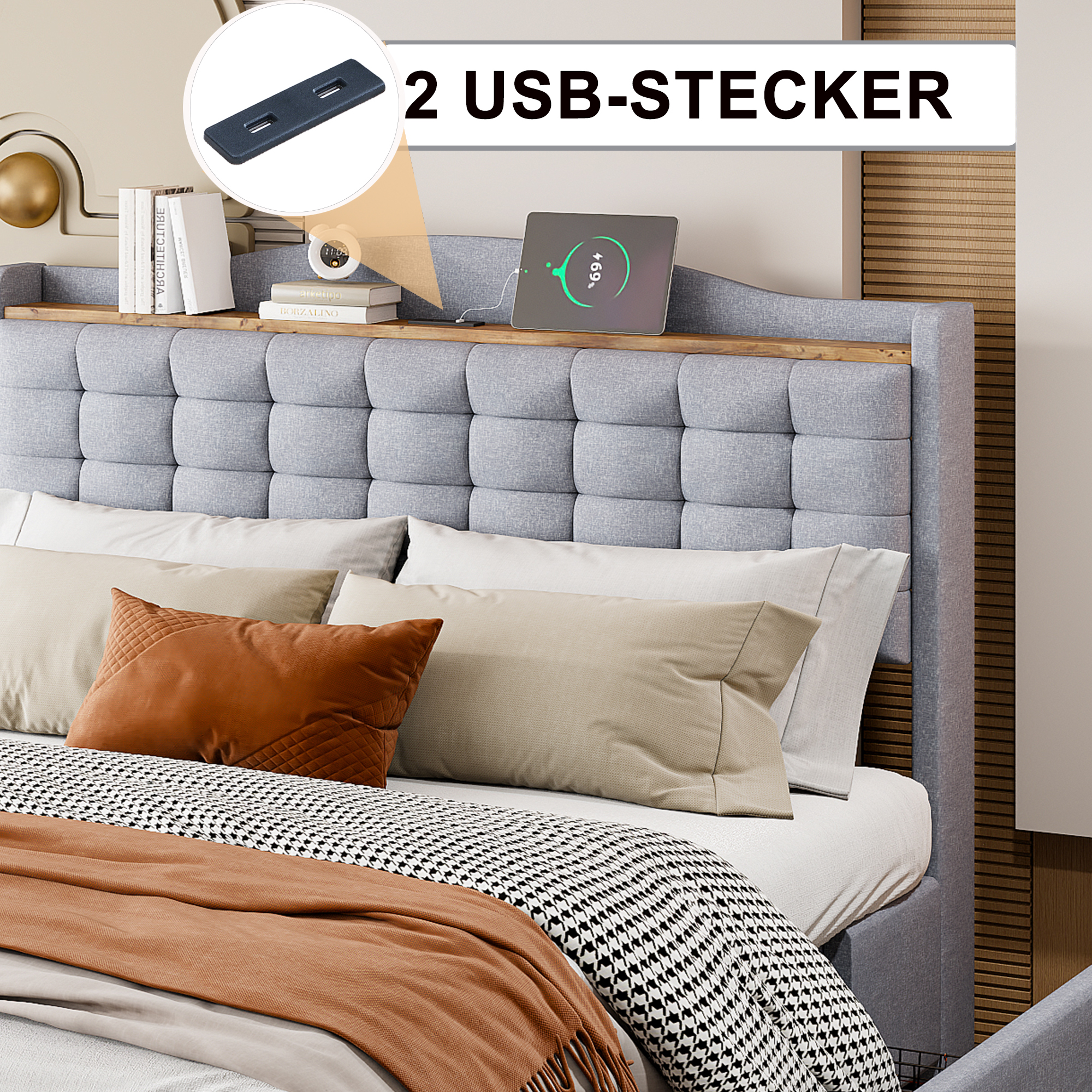 Upholstered Bed 140x200 Cm, Bedside Table With USB Charging Port And Shelf, Double Flat Bed With 4 Drawers, Linen Fabric Grey 3