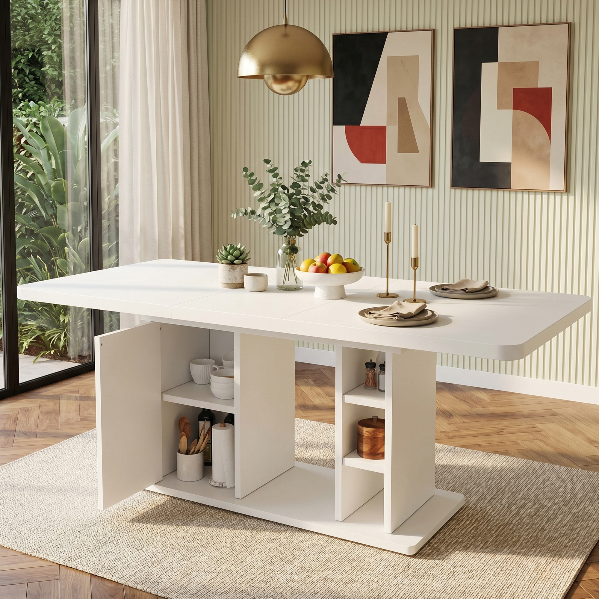 Extendable Dining Table 140 180x80 Cm, Suitable For 6 8 People,With Storage, Thickened Table Top, Scandinavian Style Extendable Dining Table, White