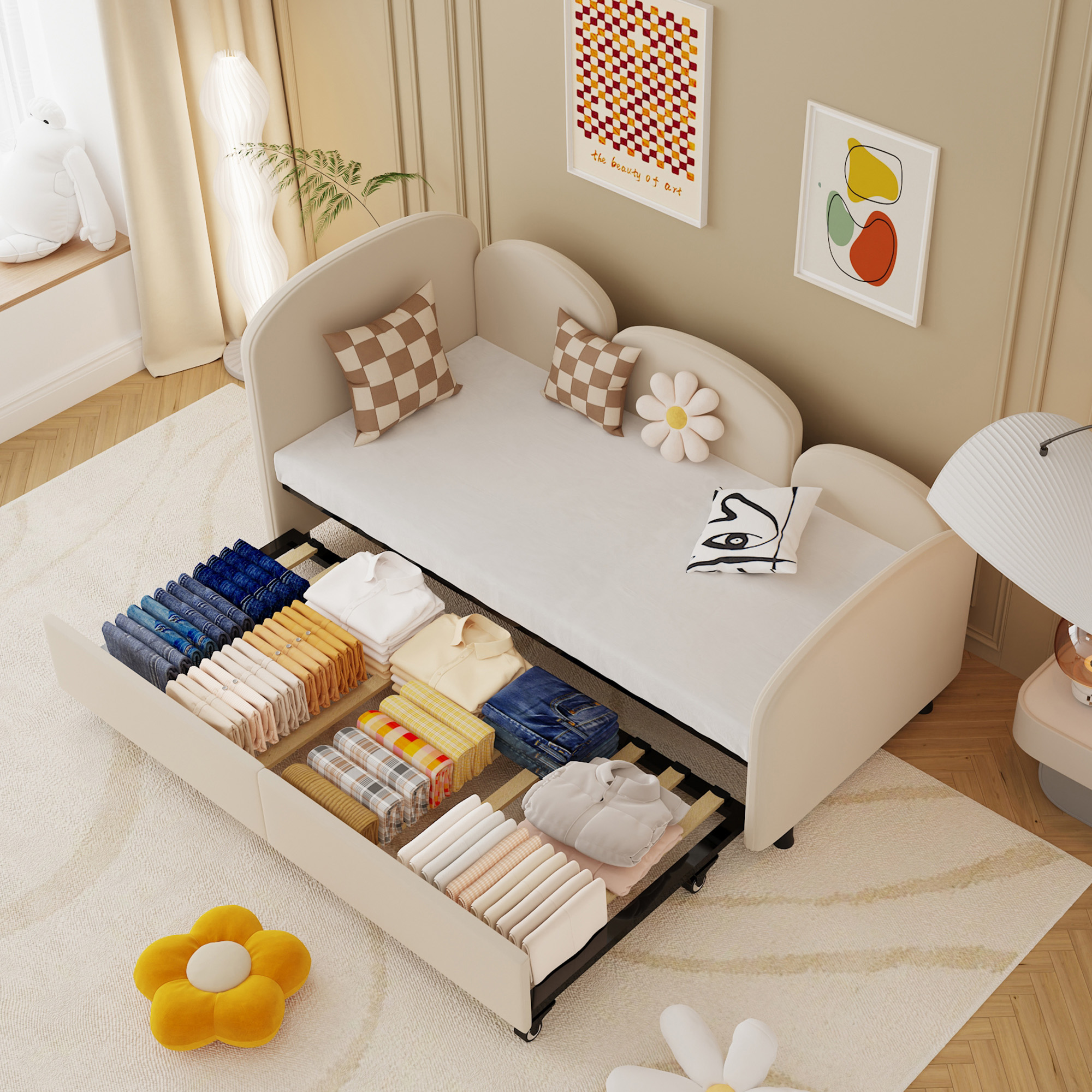 SOFTSEA Twin Size Daybed With Storage Drawers, Velvet Upholstered Daybed, Bedroom Living Room Modern Sofa Bed Daybed Frame For Living Room, Kids Room,