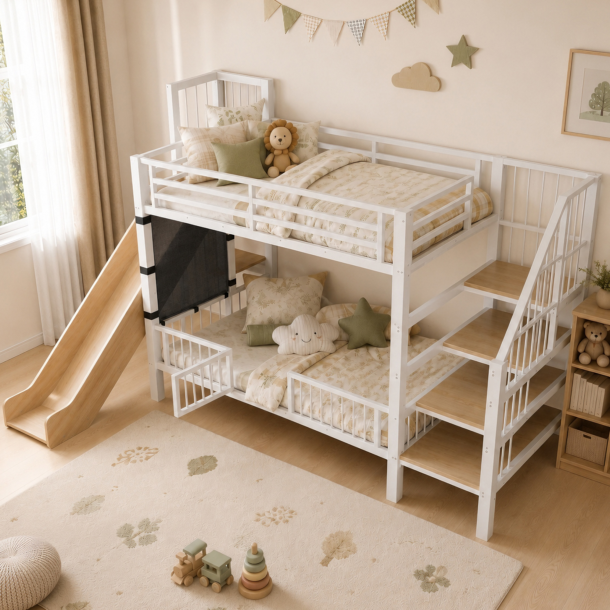 Metal Loft Bed For Children With Slide And Storage Stairs 90x200CM, Bunk Bed Frame With Protective Gate Door, Integrated Shelves, Space-Saving Children's Bed For Boys And Girls White