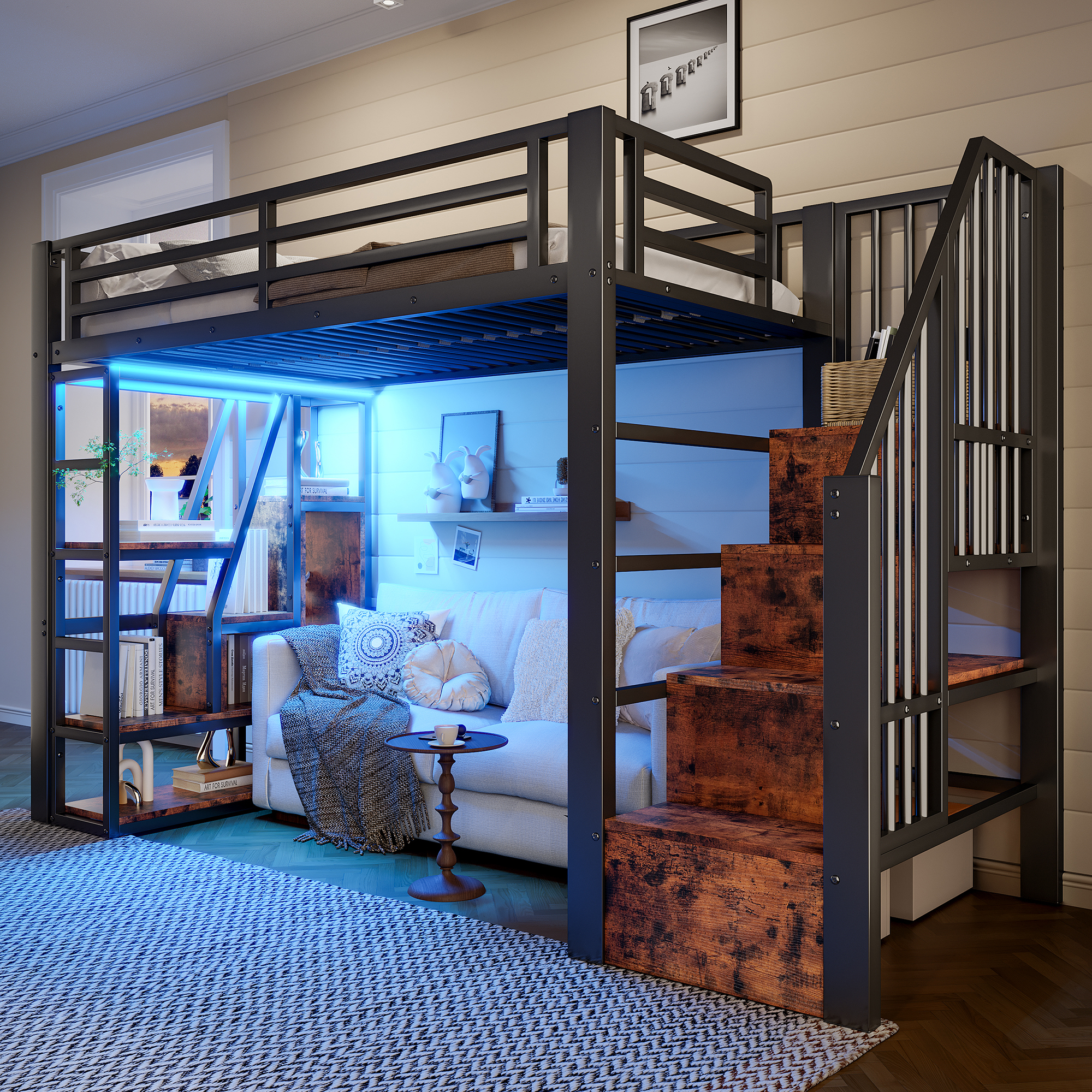 Loft Bed, 90 X 200 Cm, Iron Frame, Storage Compartment, Integrated Steps, Safety Railing, Ladder, With LED Light Strip, Open Storage Space Under The Bed, Mattress Not Included, Black