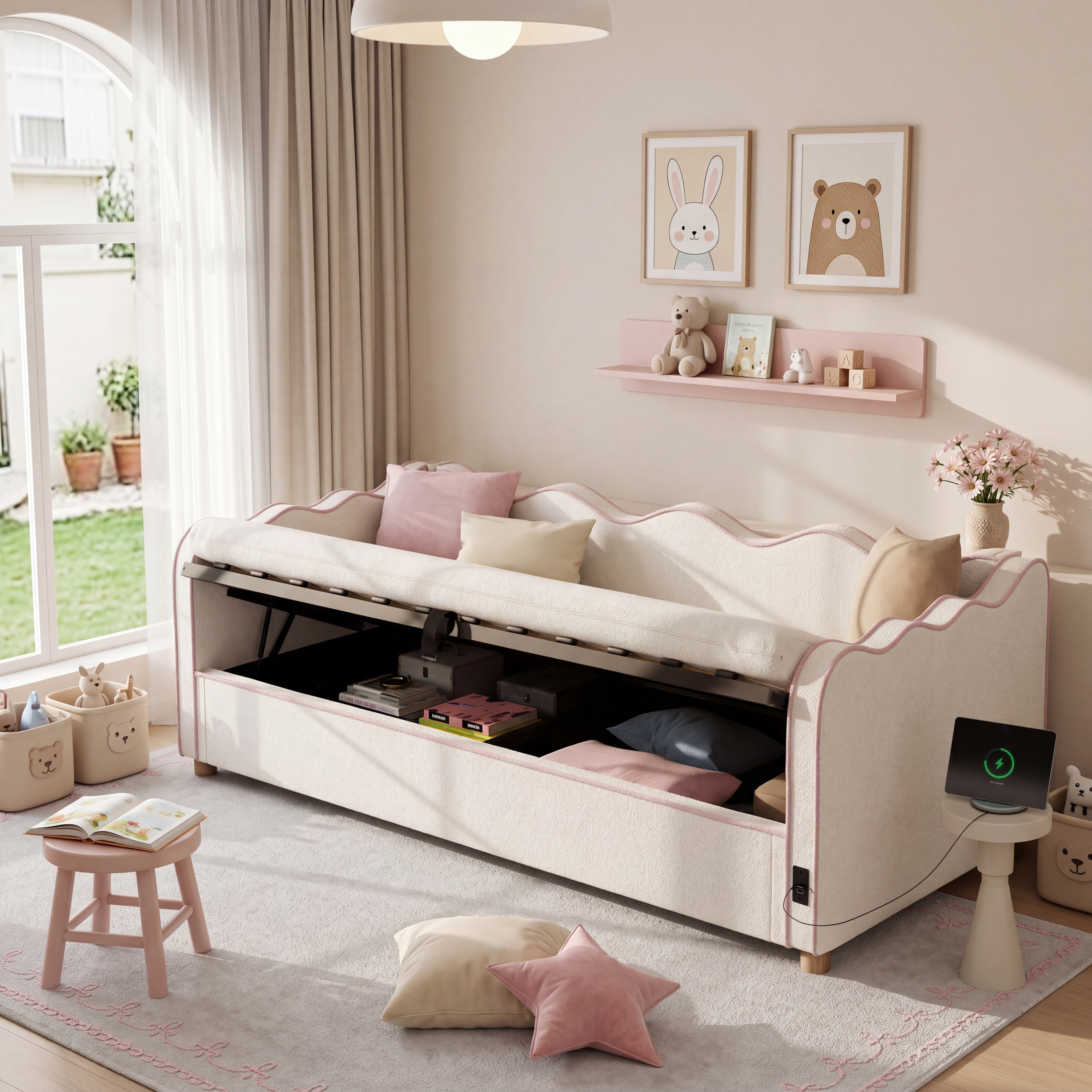 Daybed 90x200 Cm With Hydraulic Storage, Upholstered Bed, Daybed, Sofa Bed With USB & Backrest, Boucle, Beige 5