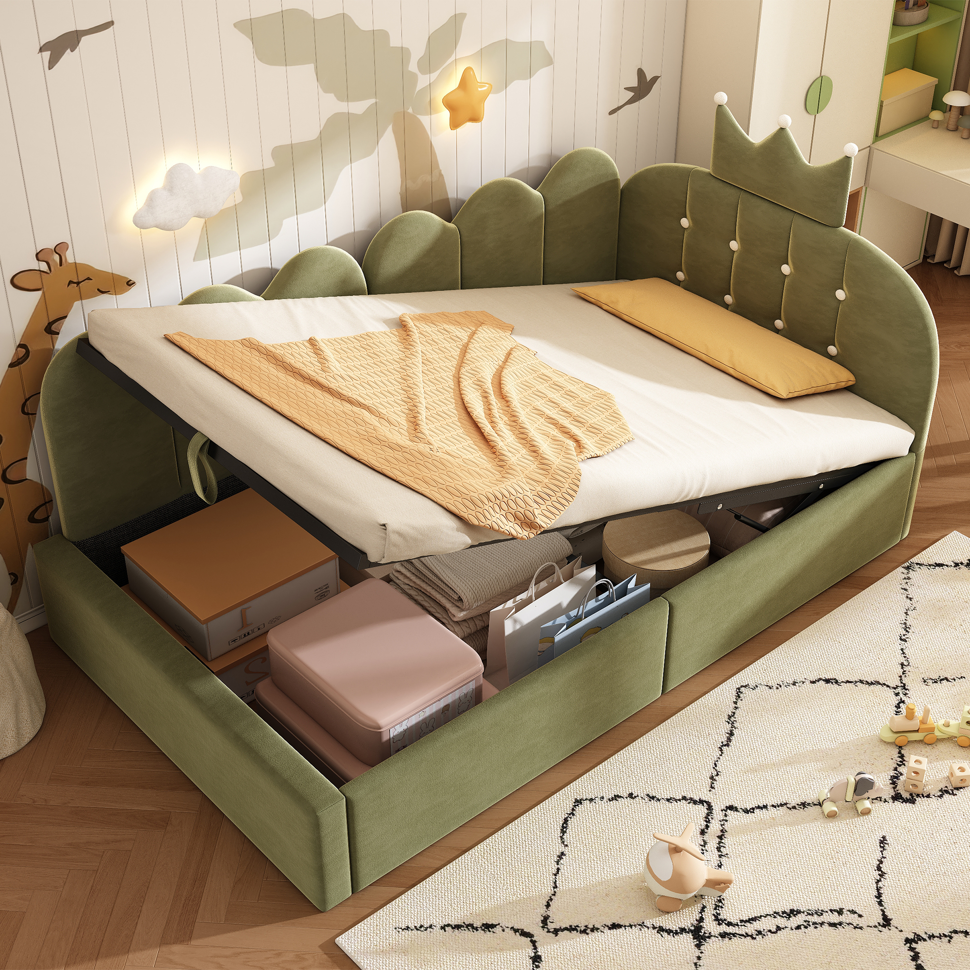 Upholstered Bed Day Bed 90x200 Cm, Daybed Sofa Bed With Storage Space  Hydraulic ,guest Bed L-shape Velvet In Green With Crown Lattice Design, Without Mattress