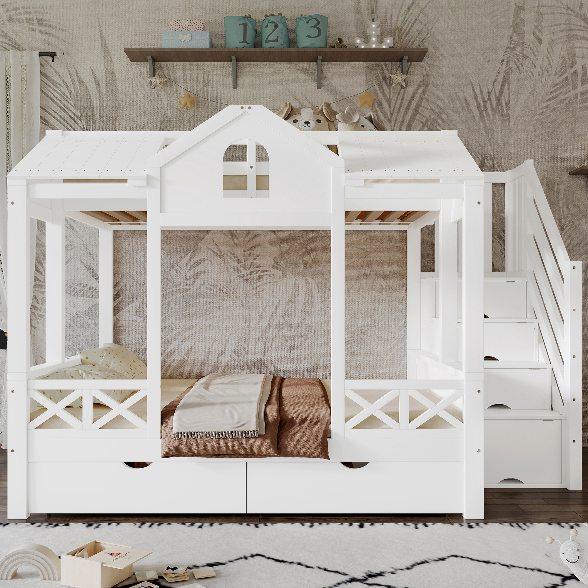 Bunk Bed, Children's Bed, Two Drawers With Casters, Beautiful Windows And Roof, Stairwell Cupboard With 4 Storage Compartments, Pine MDF  Plywood, White, 90x200cm & 140x200cm