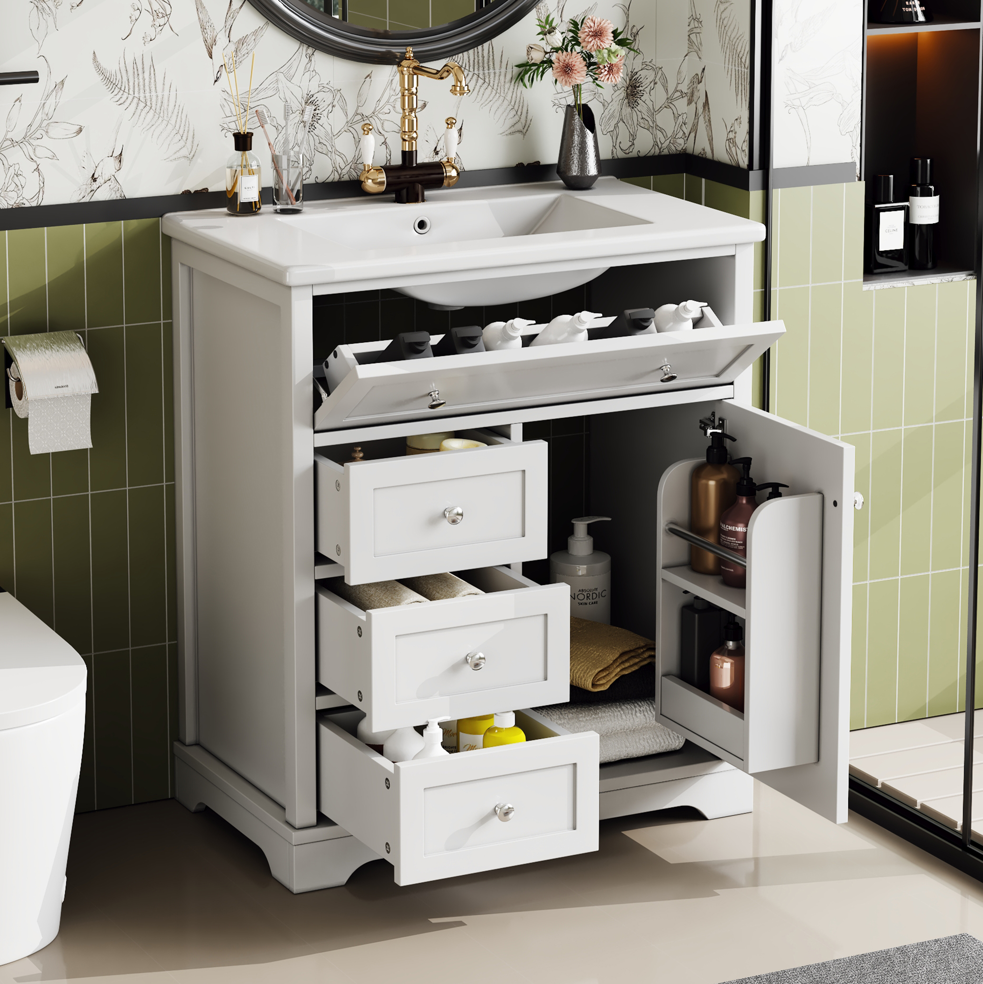 76x46x87cm Bathroom Standing Cabinet With Washbasin, Base Cabinet, Moisture-Resistant Paint, Low-Noise Drawer Slide, Door Frame, Folding Drawer, Ceram