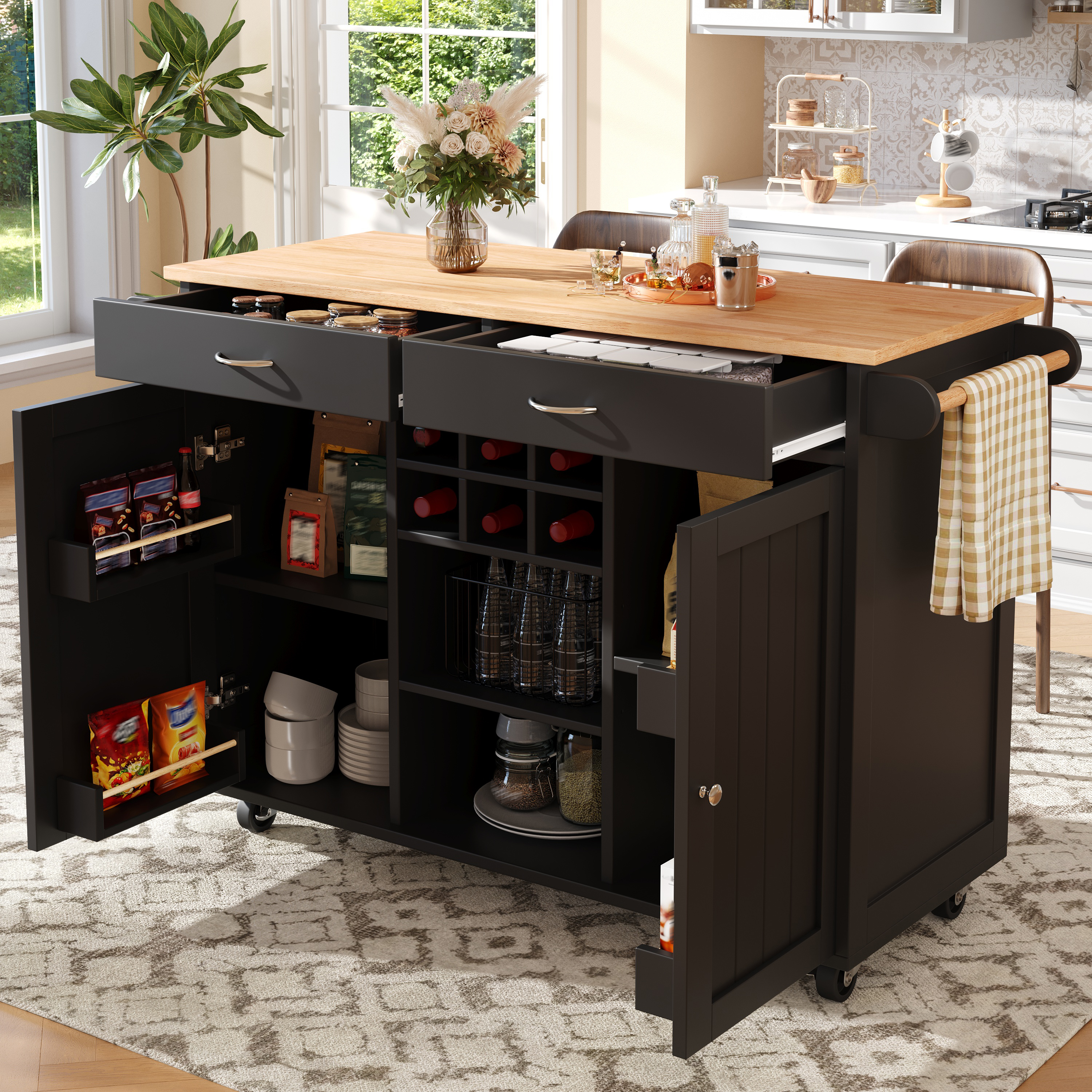 Modern Kitchen Island  102x45x92cm , Kitchen Cabinet, Buffet Cabinet, Wooden Grain Dining Cart, Buffet Cabinet, Multifunctional Dining Table With Storage Space, Black
