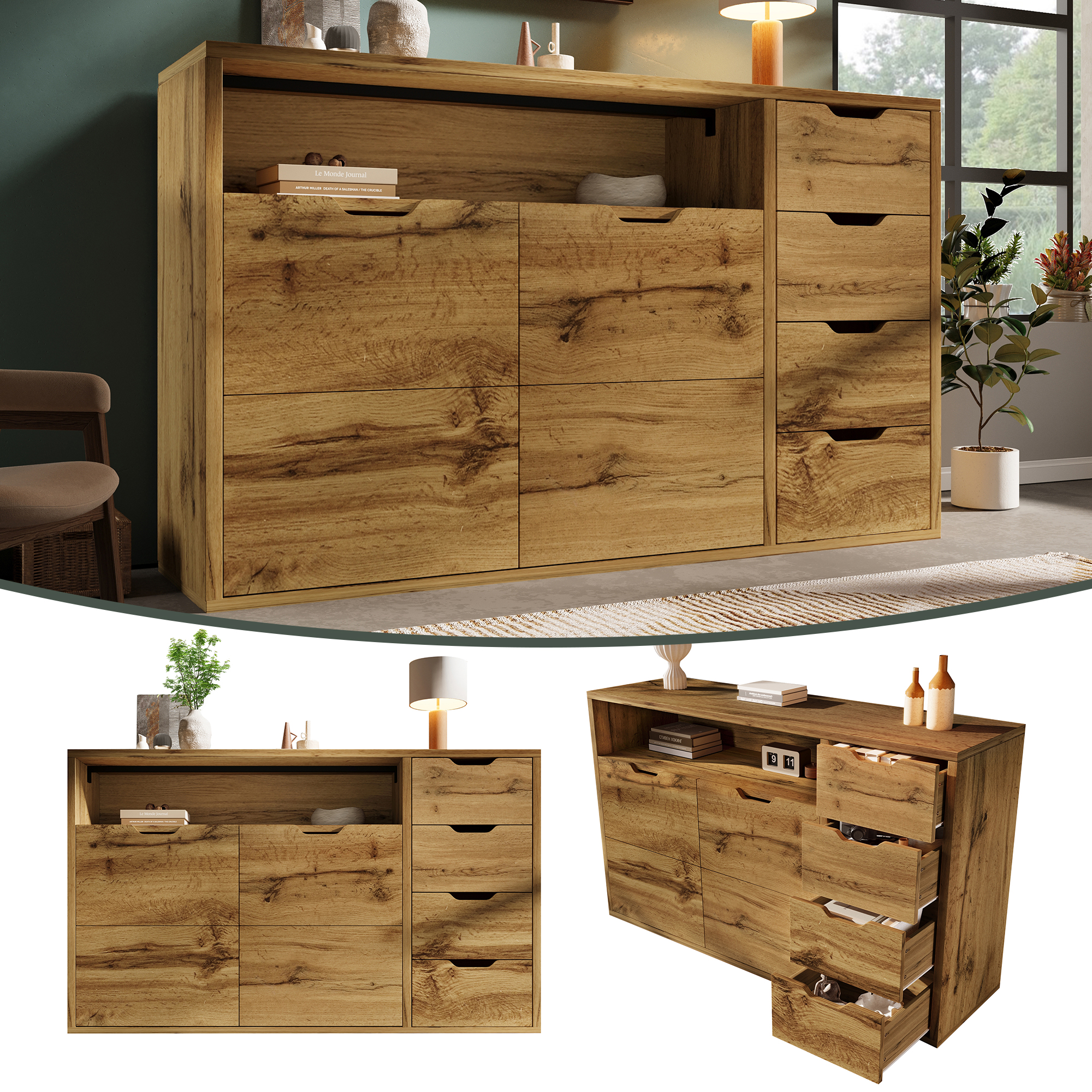 Chest Of Drawers Sideboard 150x40x90 Cm In Oak Look With Open Compartment, 2 Doors, 4 Drawers, Height-adjustable Shelves, Soft-close Metal Hinges And Anti-tilt Device, Storage For Living Room & Hallwa