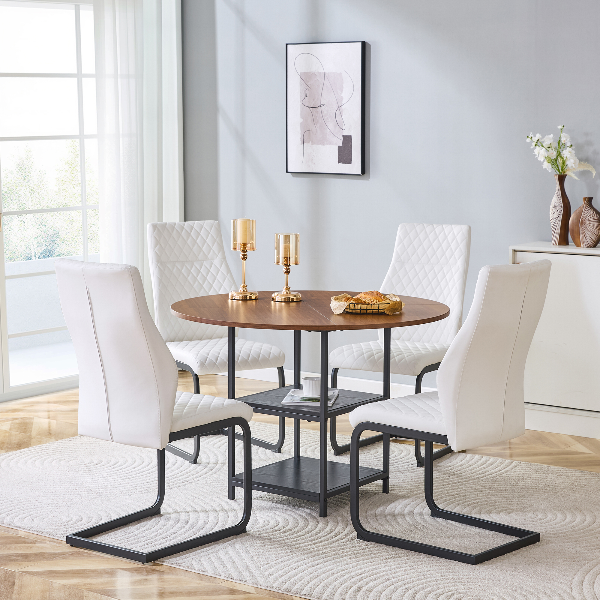 Table And Chair Set 107 Cm Round Dining Table With Double Storage Level  4 White Dining Chairs With Diamond Pattern, Made Of MDF  Medium Density Fibreboard Industrial-style Metal.