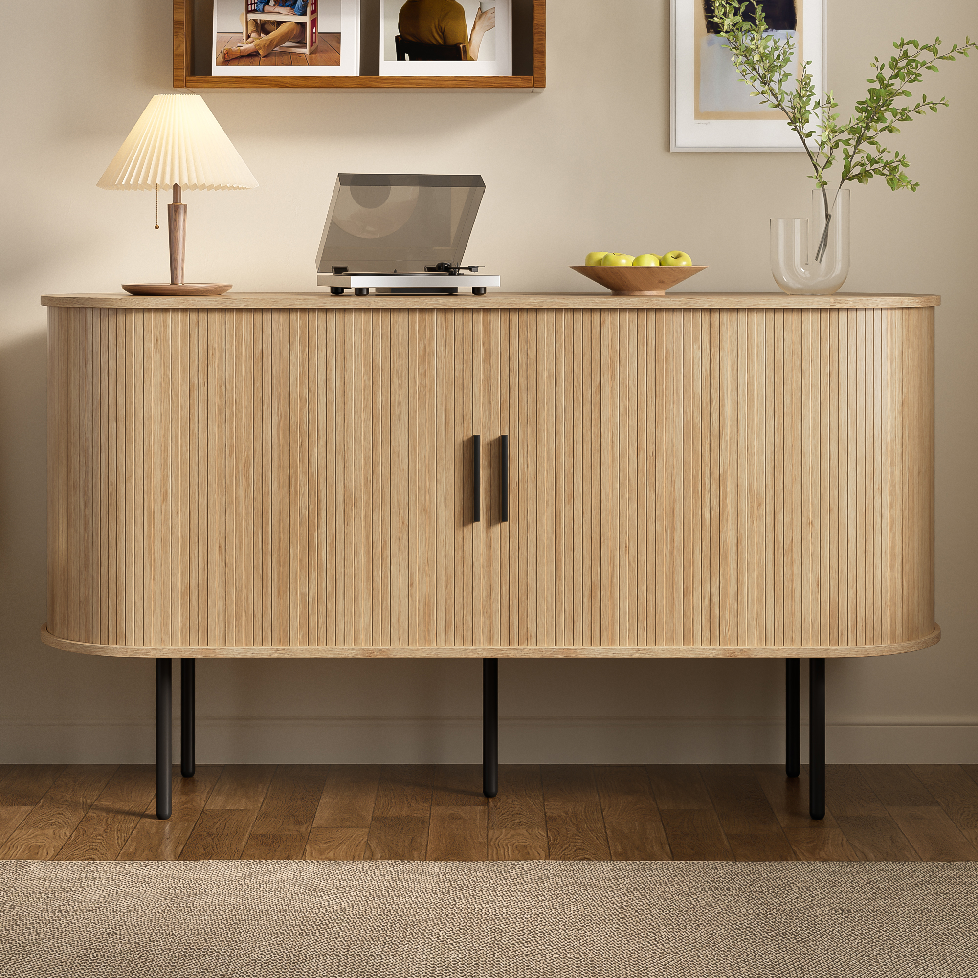 Modern MDF Sideboard With Roller Shutter Doors, Aluminum Handles & Iron Legs  Versatile Storage Cabinet For Living Room, Dining Room & Modern Decor