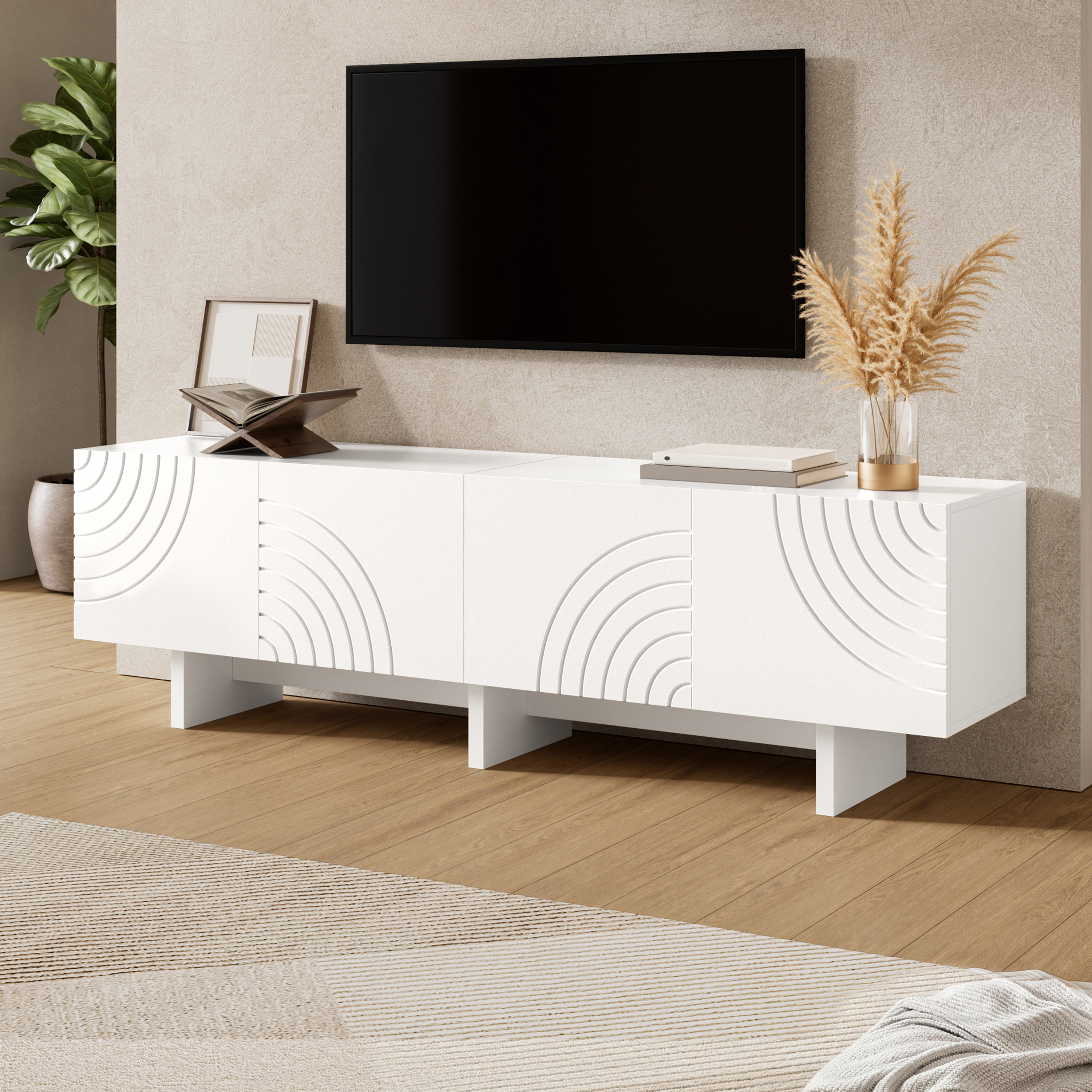 Modern TV Cabinet With 4 Doors And Geometric Arch Pattern, White TV Lowboard With Decorative Relief Fronts And Central Partition, TV Cabinet With Storage Space For Living Room