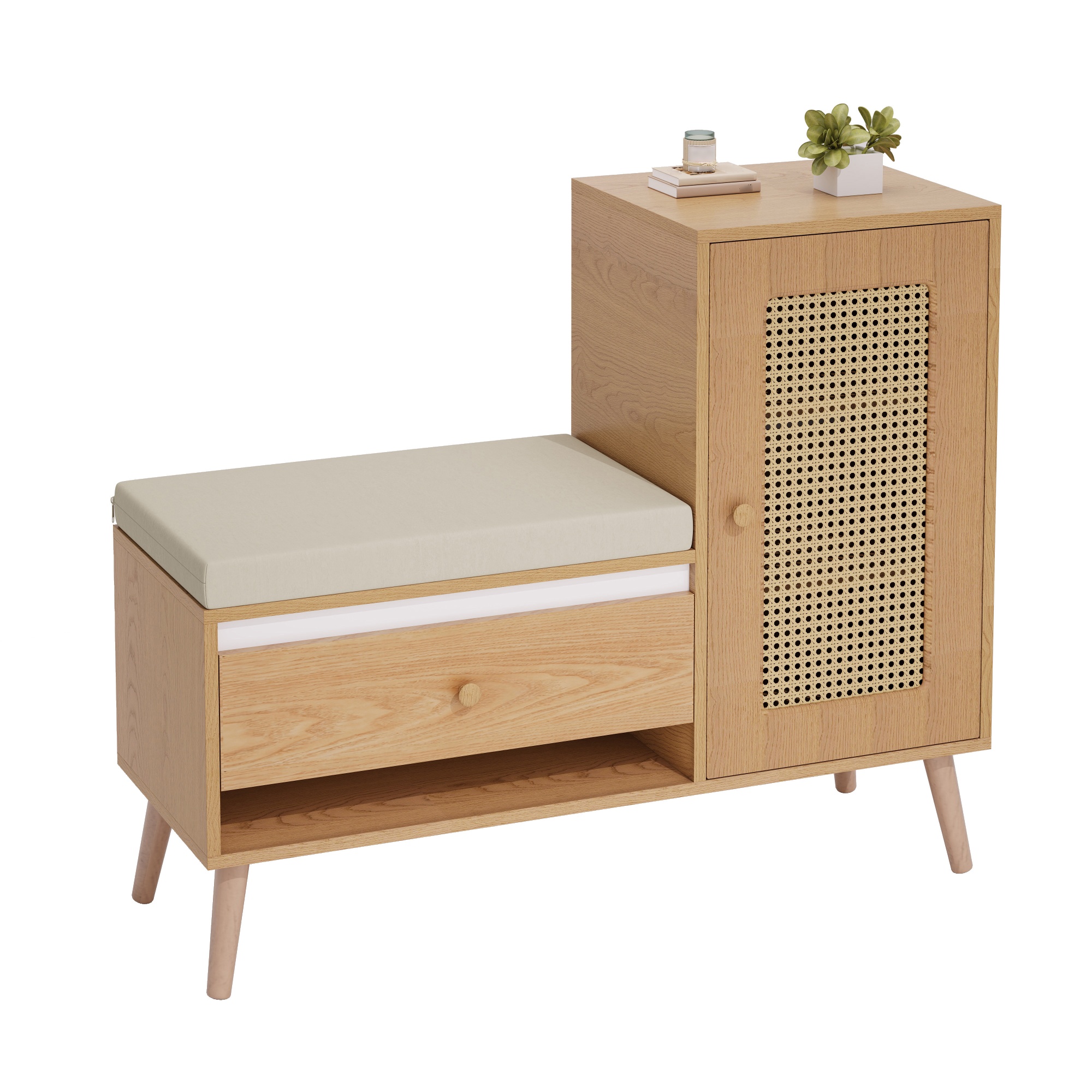 Armoire à chaussures, banc d'armoire en rotin avec coussin de siège d'armoire multifonctionnel