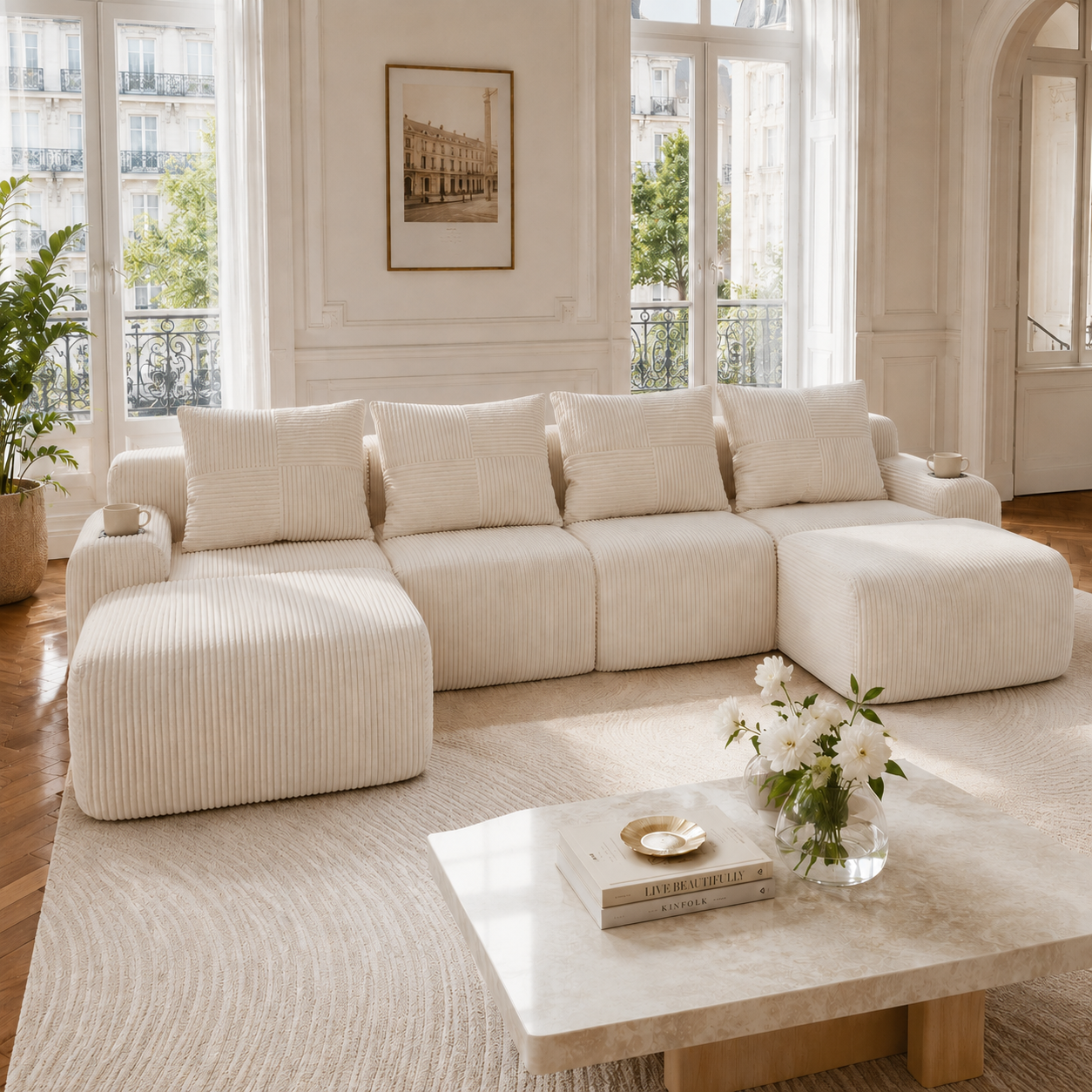 Modular Corduroy Sofa For 4 People  With 2 Stools , Freely Combinable, Including Cup Holder And Side Storage Bag, Ideal For Living Room, Family Room A