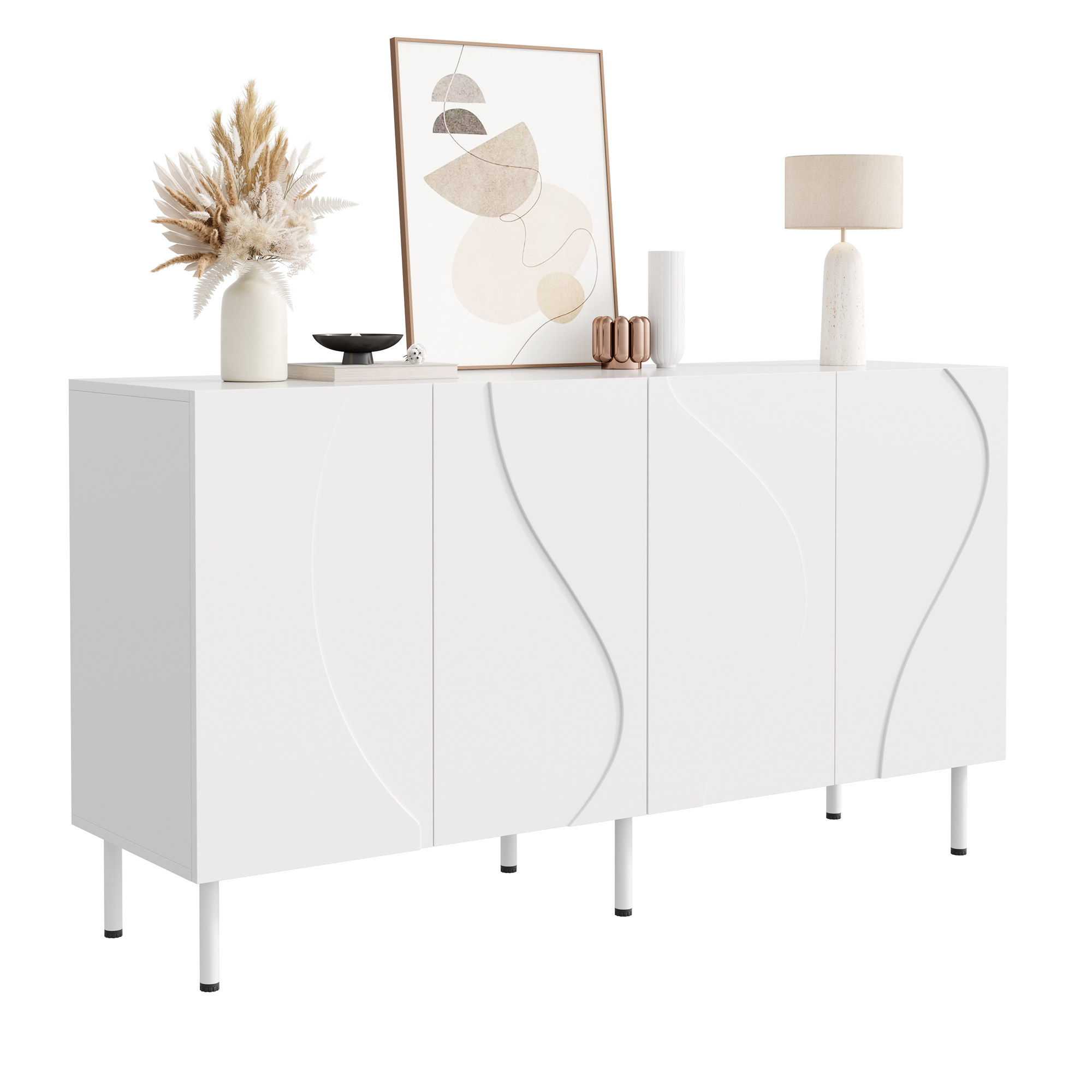 Modern Sideboard With 3D Curved Doors, Handleless Design, Living Room Hallway Storage Space, Made Of PB And MDF, Metal Feet