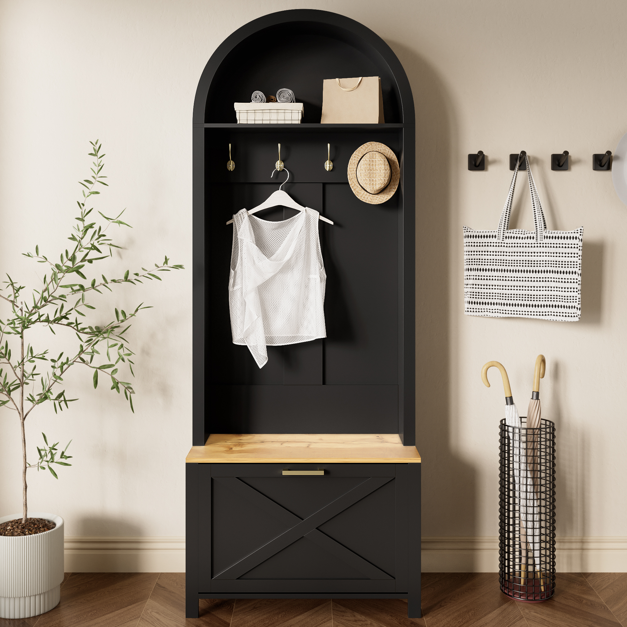 Armoire de garde-robe multifonctionnelle avec porte-chaussures, arbre à crochet d'étagère